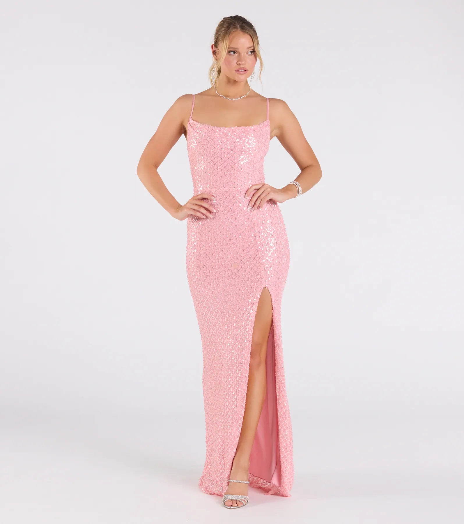 Hollie Lace-Up Mermaid Sequin Beaded Formal Dress - PINK
