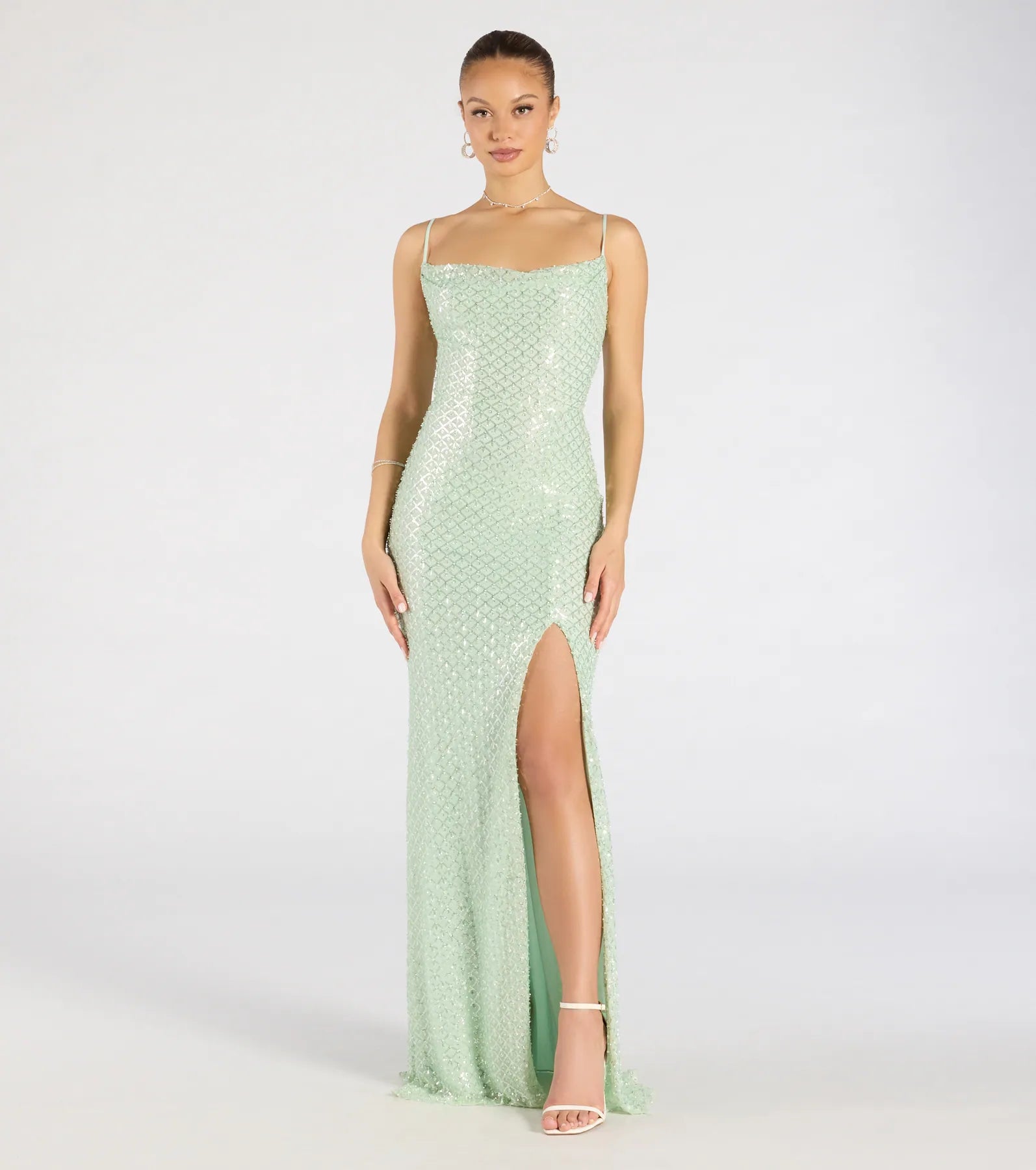 Hollie Lace-Up Mermaid Sequin Beaded Formal Dress - SAGE