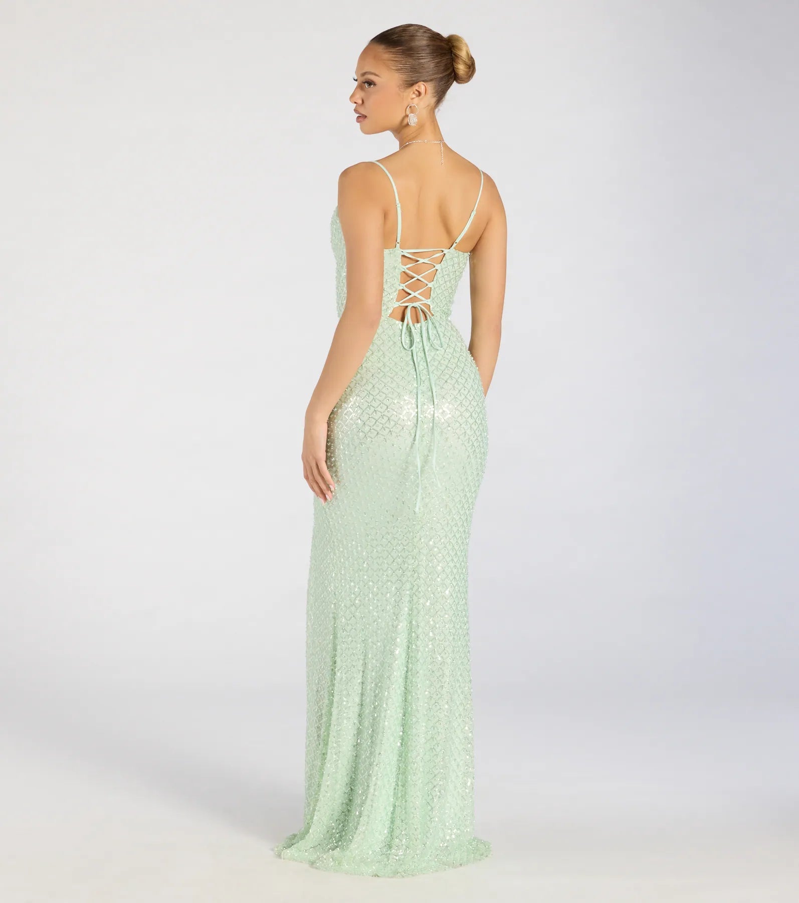 Hollie Lace-Up Mermaid Sequin Beaded Formal Dress - SAGE