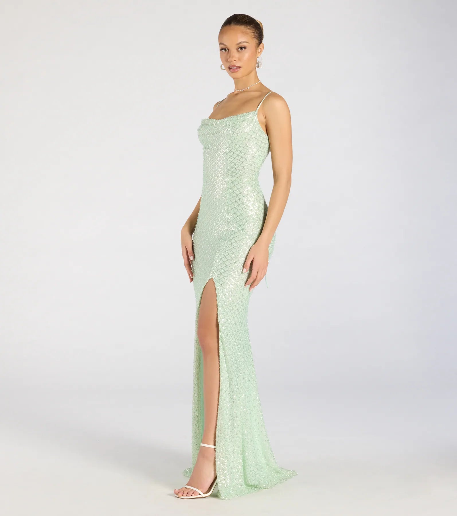 Hollie Lace-Up Mermaid Sequin Beaded Formal Dress - SAGE