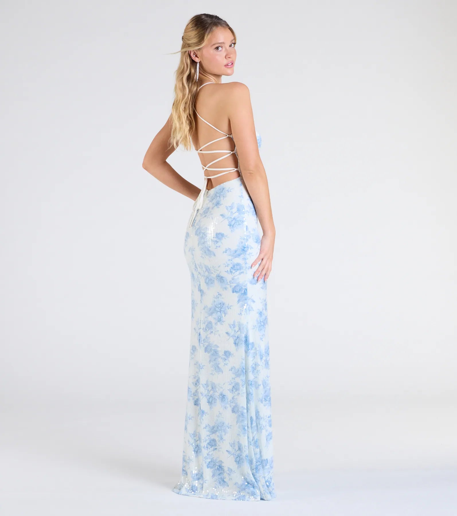 Nala Lace-Up Floral Sequin Formal Dress - BLUE