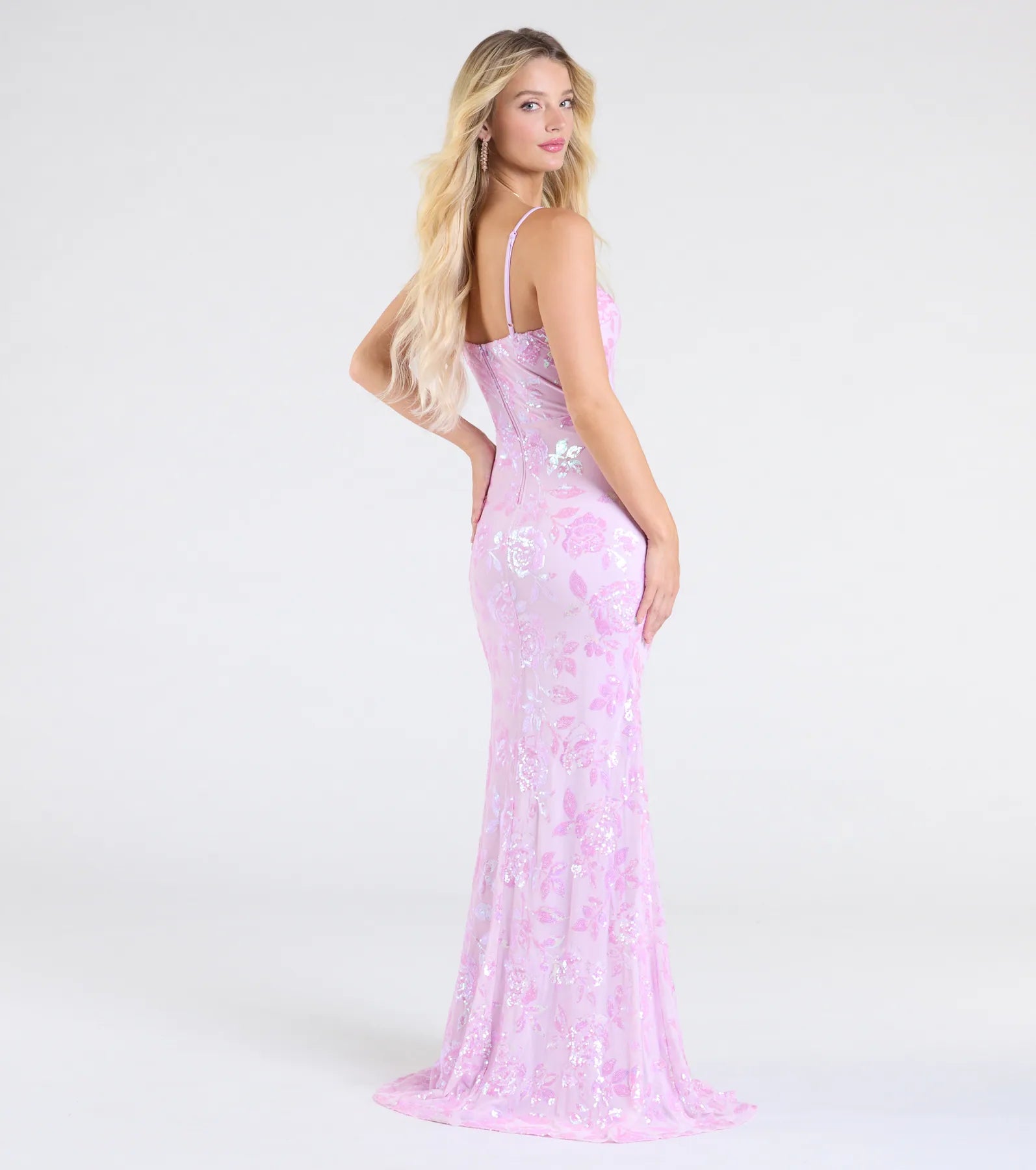 Kimber High Slit Floral Sequin Mermaid Dress - LAVENDER