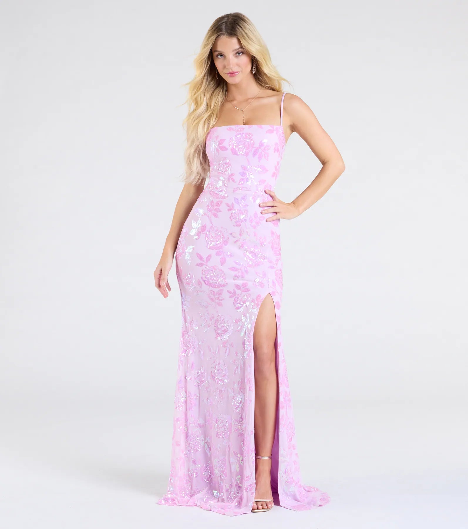 Kimber High Slit Floral Sequin Mermaid Dress - LAVENDER