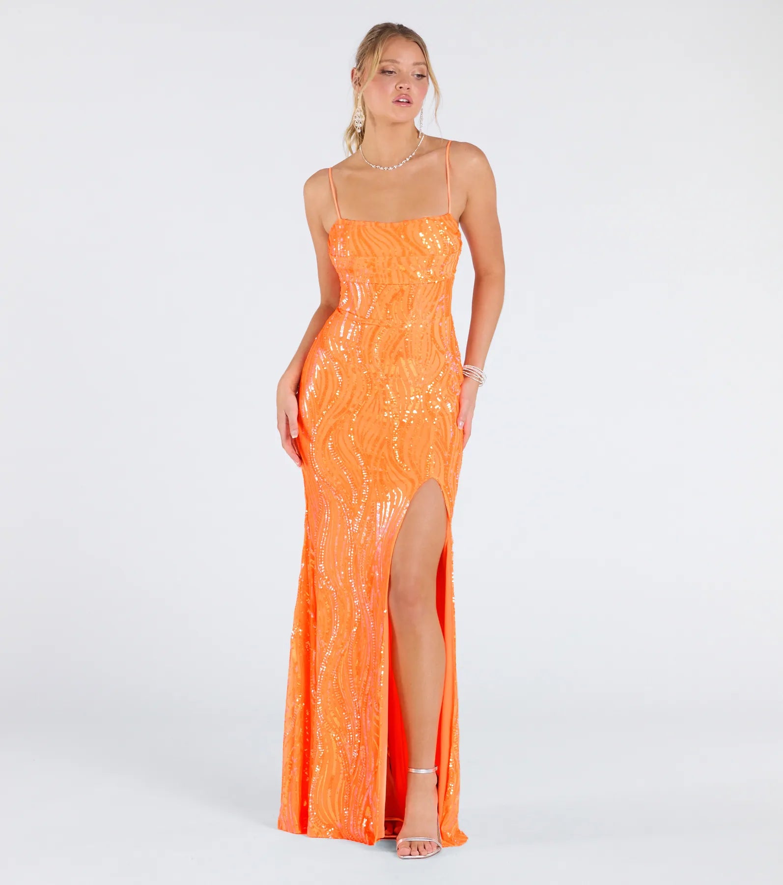 Ashleigh Lace-Up Corset Sequin Formal Dress - NEON ORANGE