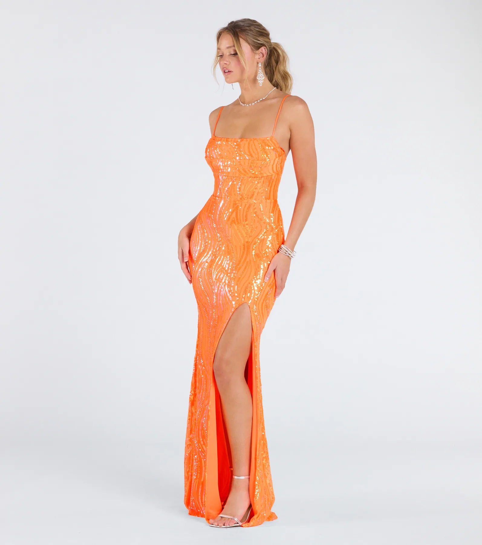 Ashleigh Lace-Up Corset Sequin Formal Dress - NEON ORANGE