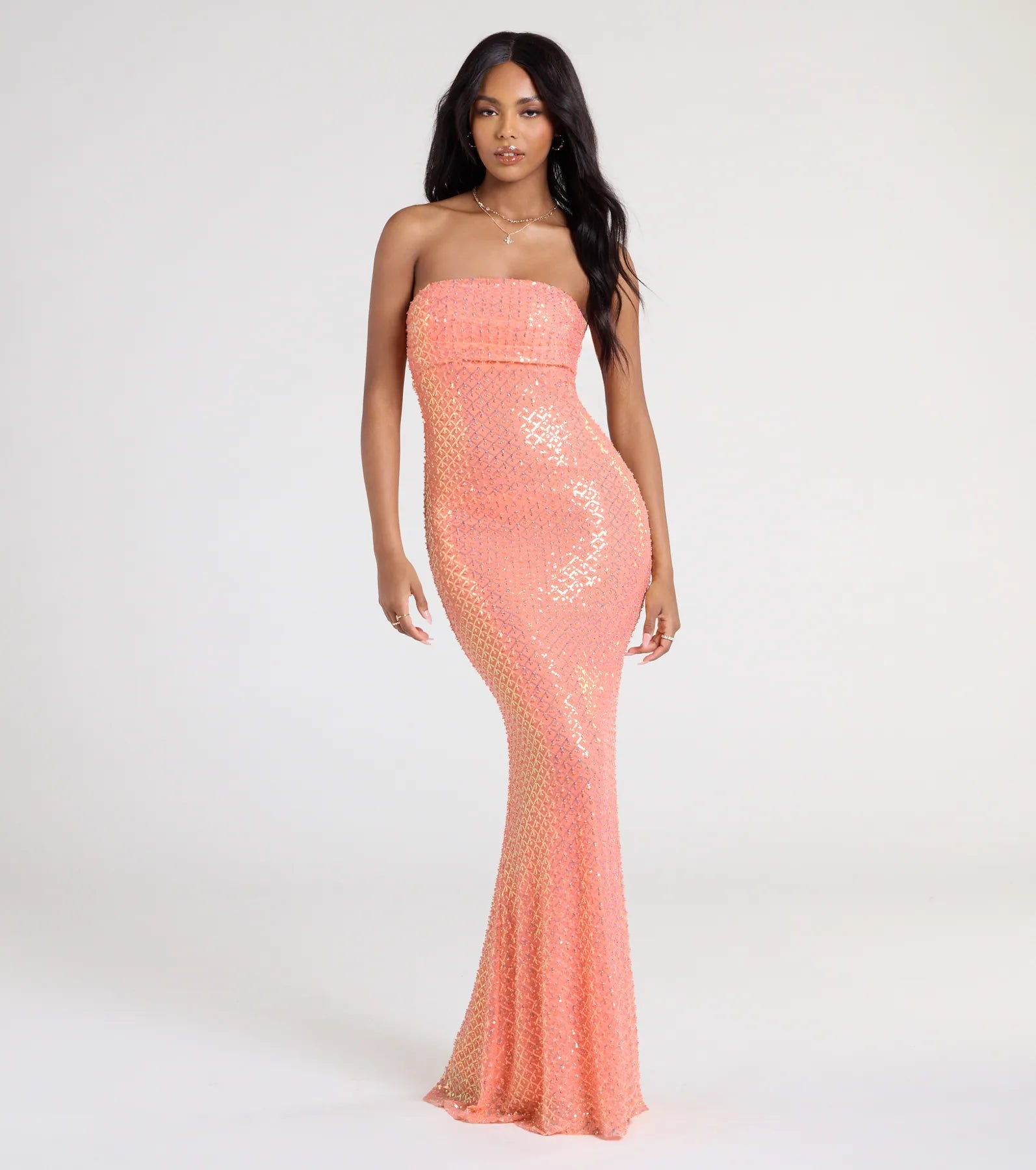 Adrianna Strapless Mermaid Sequin Bead Formal Dress - ORANGE