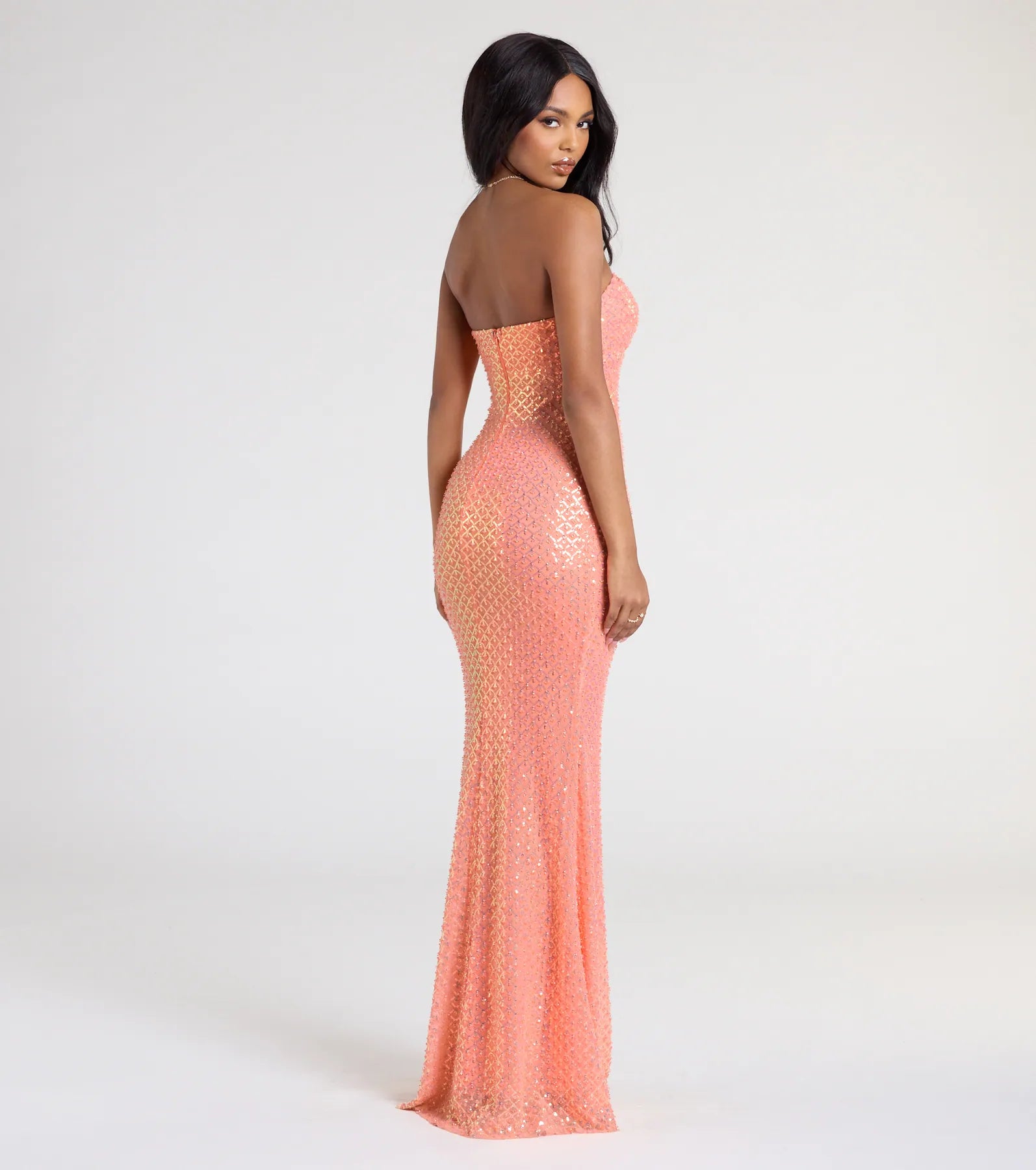 Adrianna Strapless Mermaid Sequin Bead Formal Dress - ORANGE
