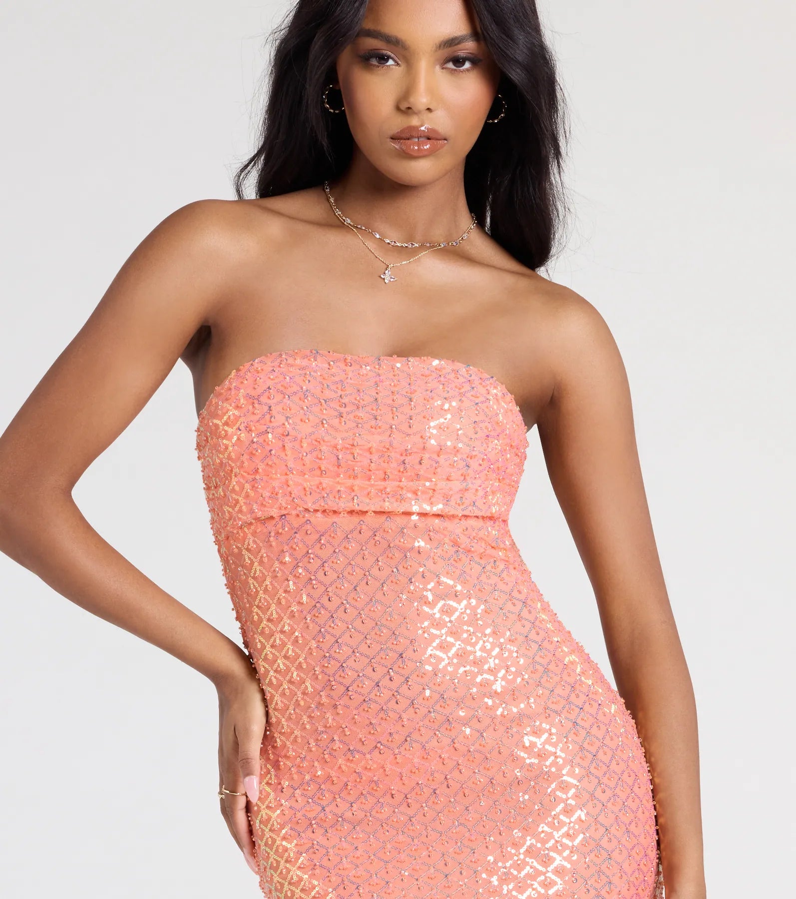 Adrianna Strapless Mermaid Sequin Bead Formal Dress - ORANGE