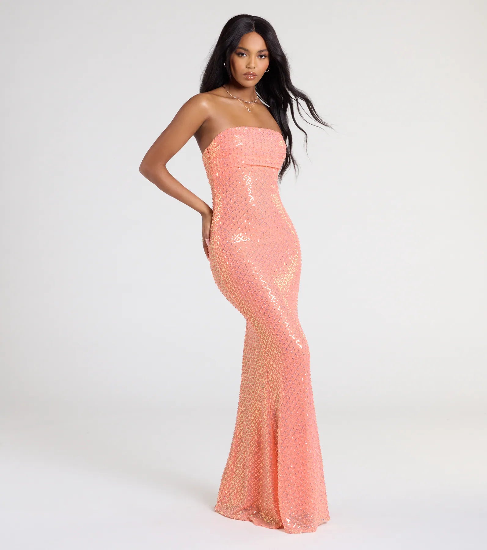 Adrianna Strapless Mermaid Sequin Bead Formal Dress - ORANGE