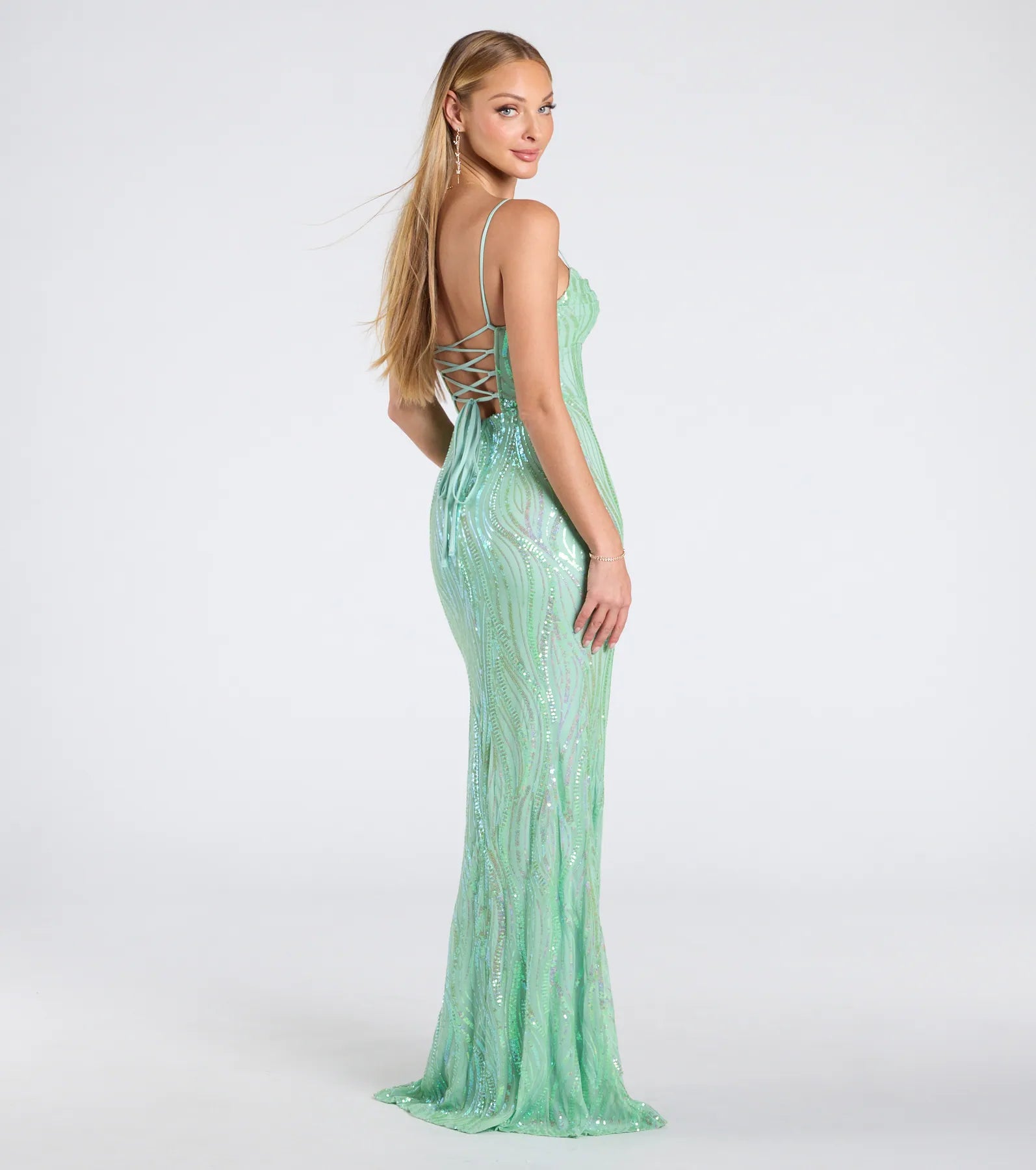 Ashleigh Lace-Up Corset Sequin Formal Dress - SAGE