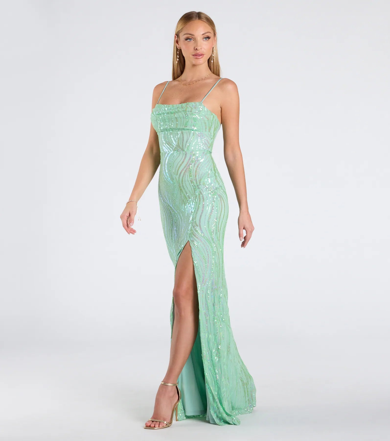 Ashleigh Lace-Up Corset Sequin Formal Dress - SAGE