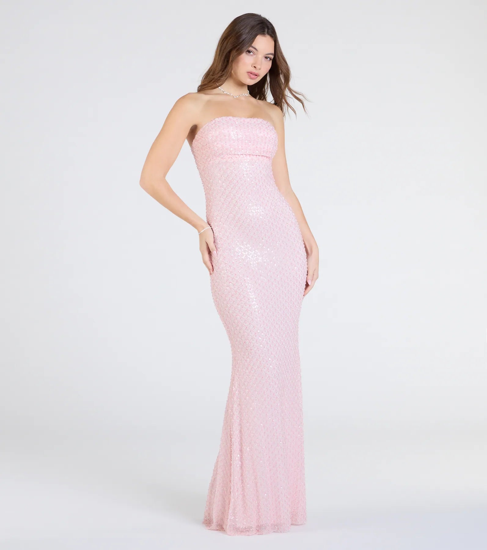 Adrianna Strapless Mermaid Sequin Bead Formal Dress - PINK