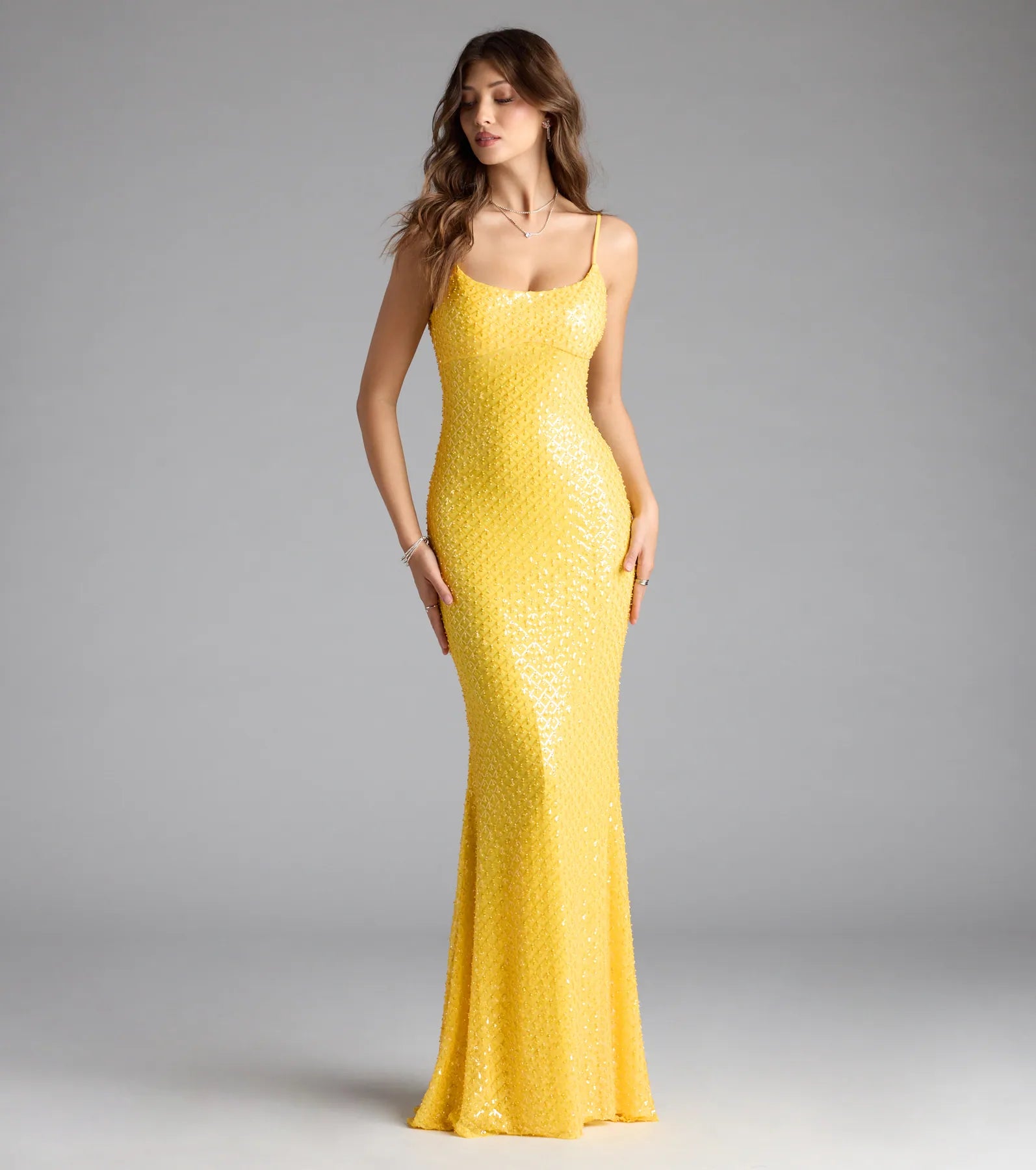 Amal Open Back Mermaid Bead Sequin Formal Dress - YELLOW
