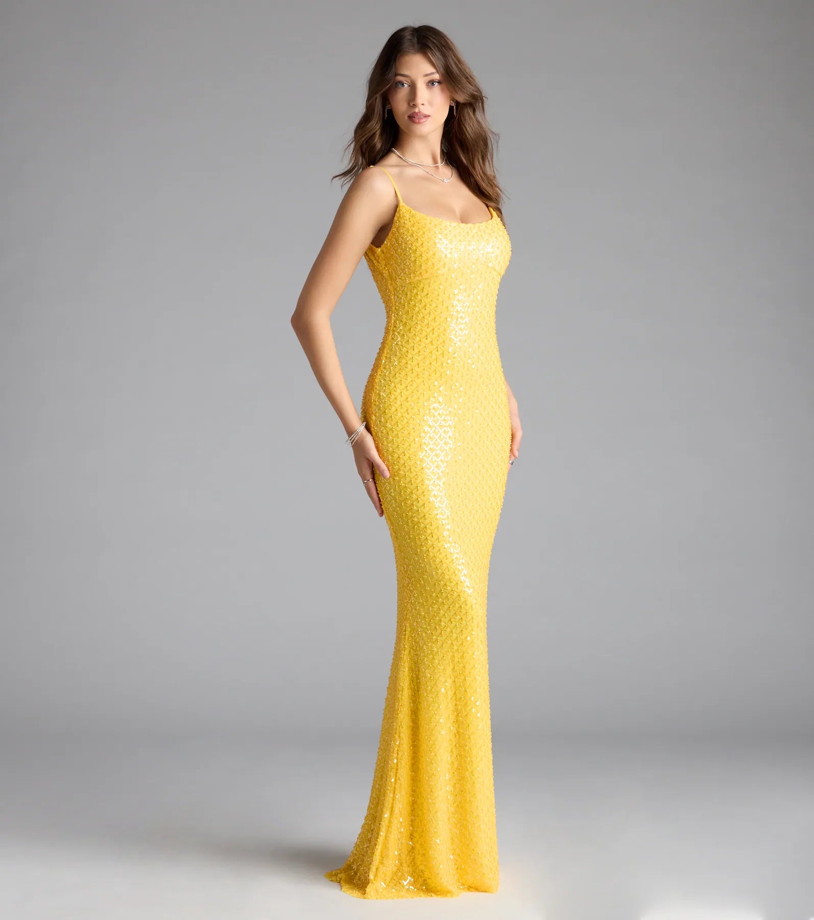 Amal Open Back Mermaid Bead Sequin Formal Dress - YELLOW