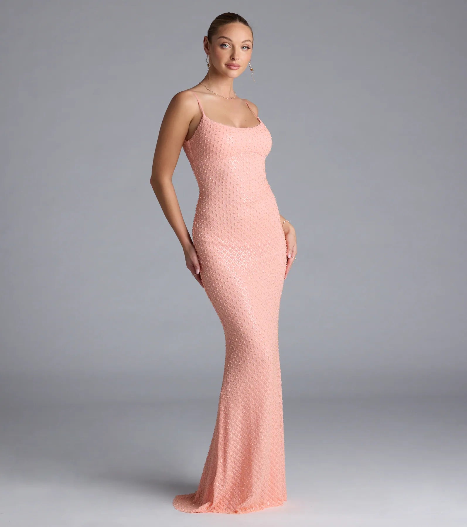 Amal Open Back Mermaid Bead Sequin Formal Dress - CORAL