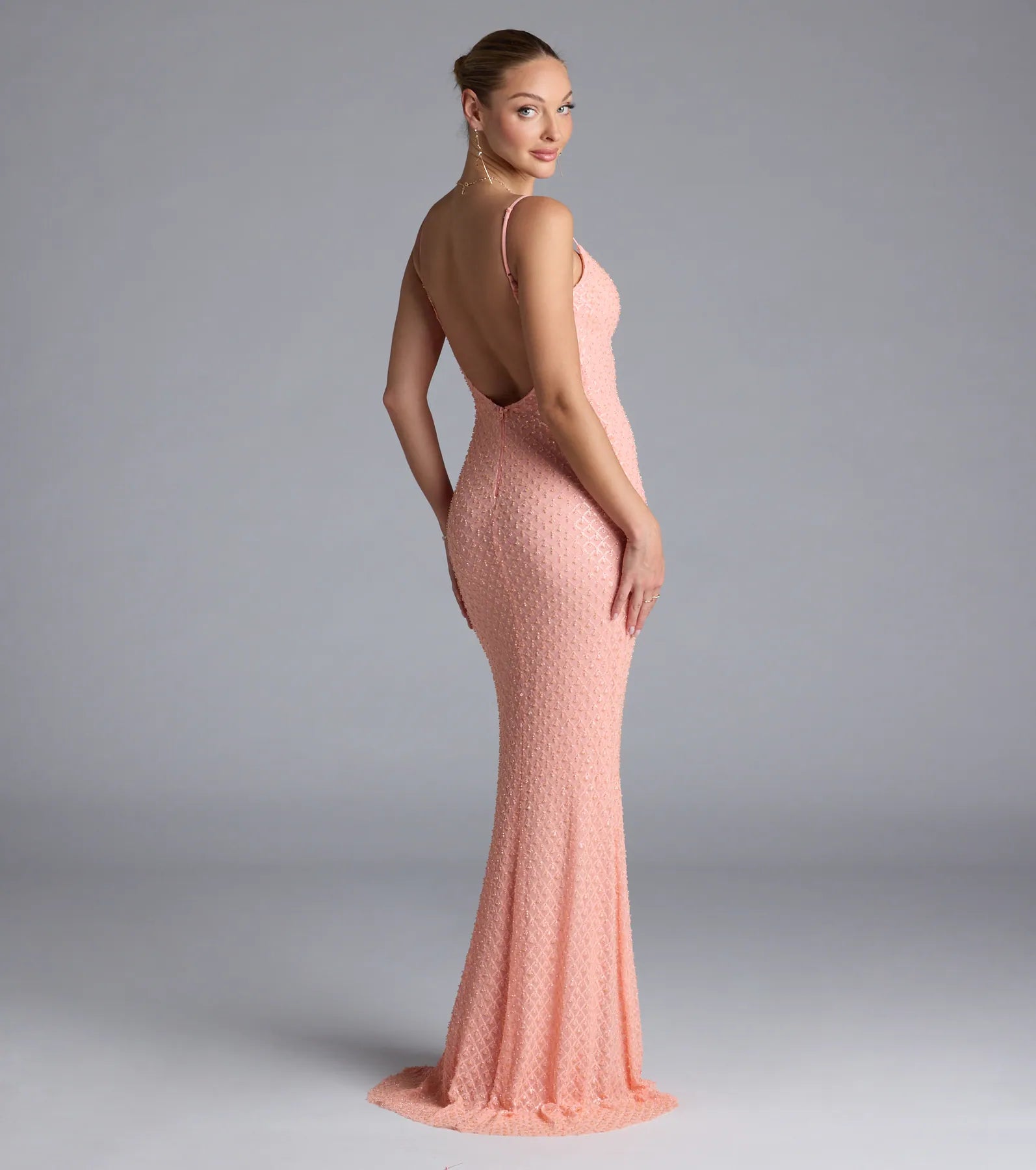 Amal Open Back Mermaid Bead Sequin Formal Dress - CORAL