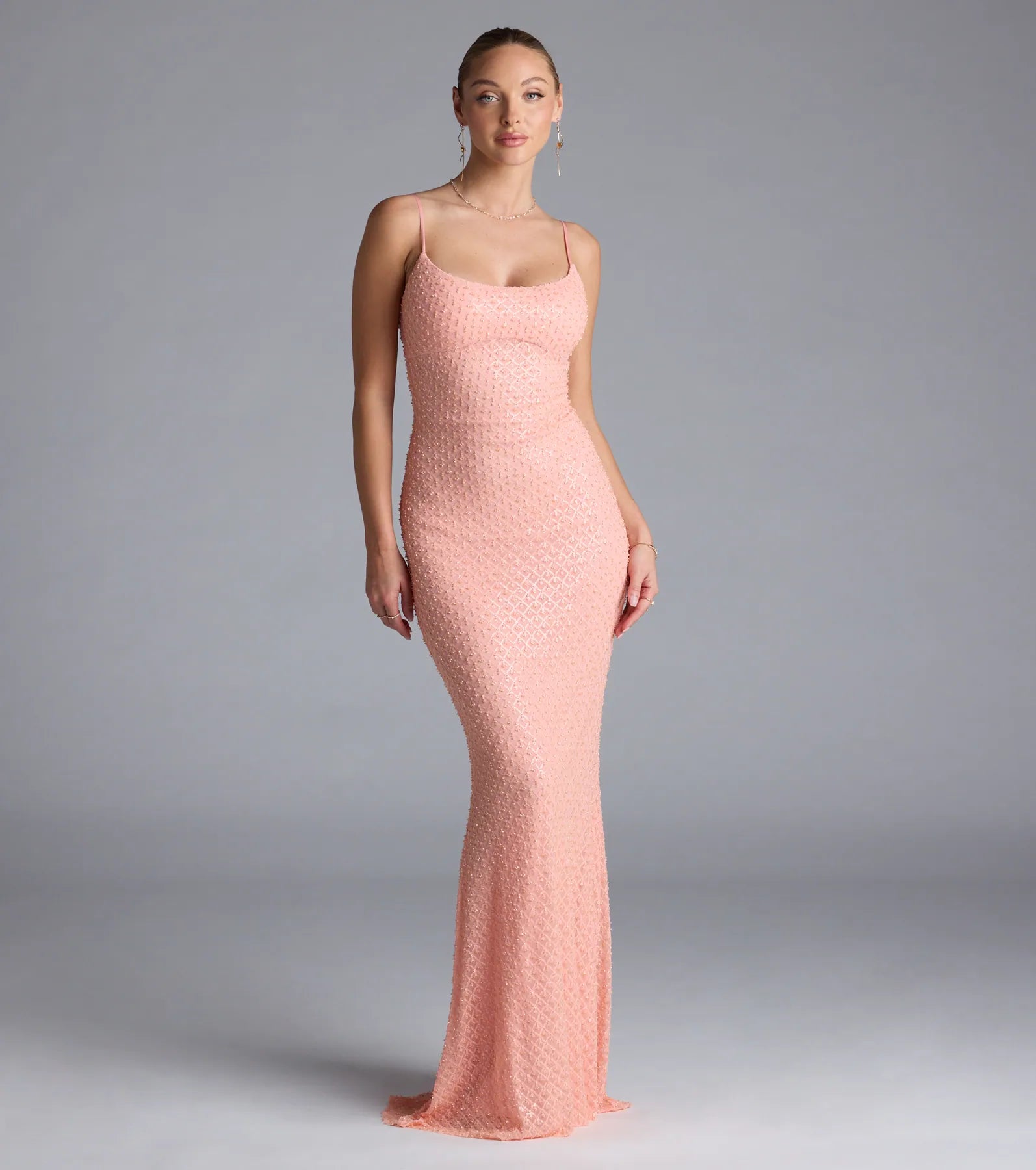 Amal Open Back Mermaid Bead Sequin Formal Dress - CORAL