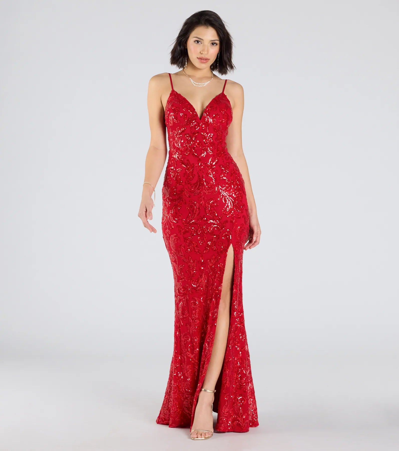 Cecelia Low Back Mermaid Sequin Formal Dress - RED