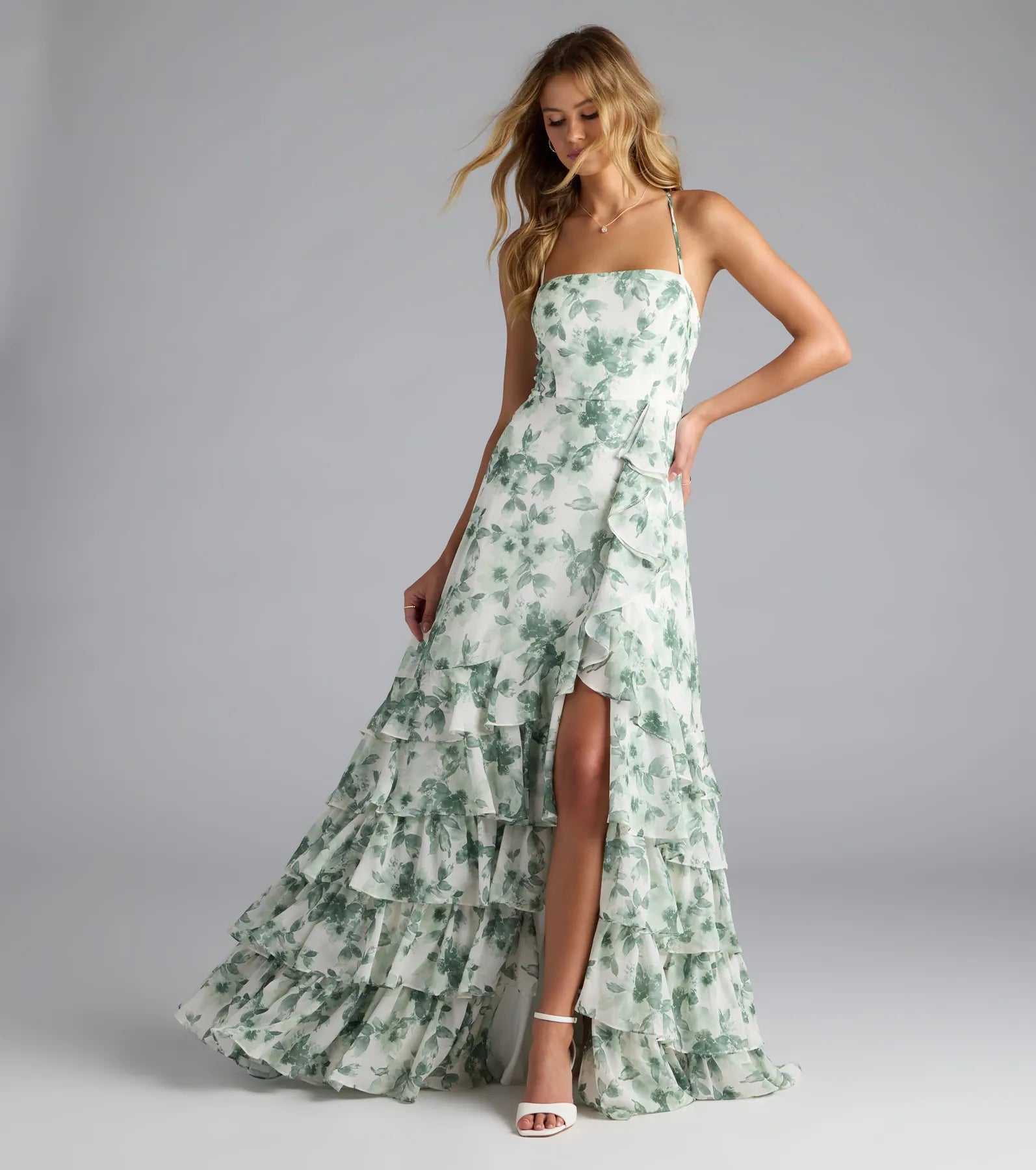 Mia Lace-Up A-Line Floral Chiffon Formal Dress - SAGE