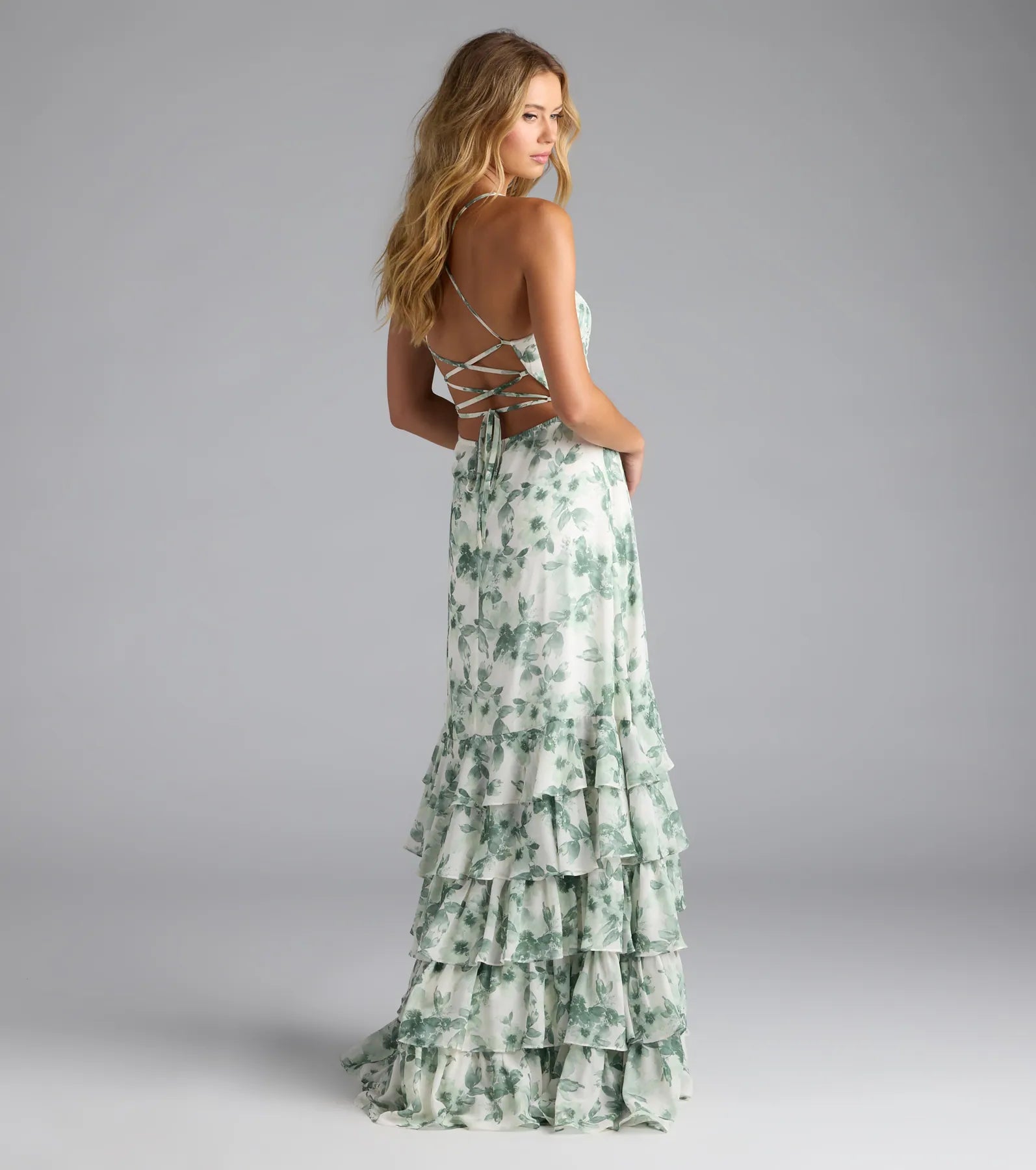 Mia Lace-Up A-Line Floral Chiffon Formal Dress - SAGE