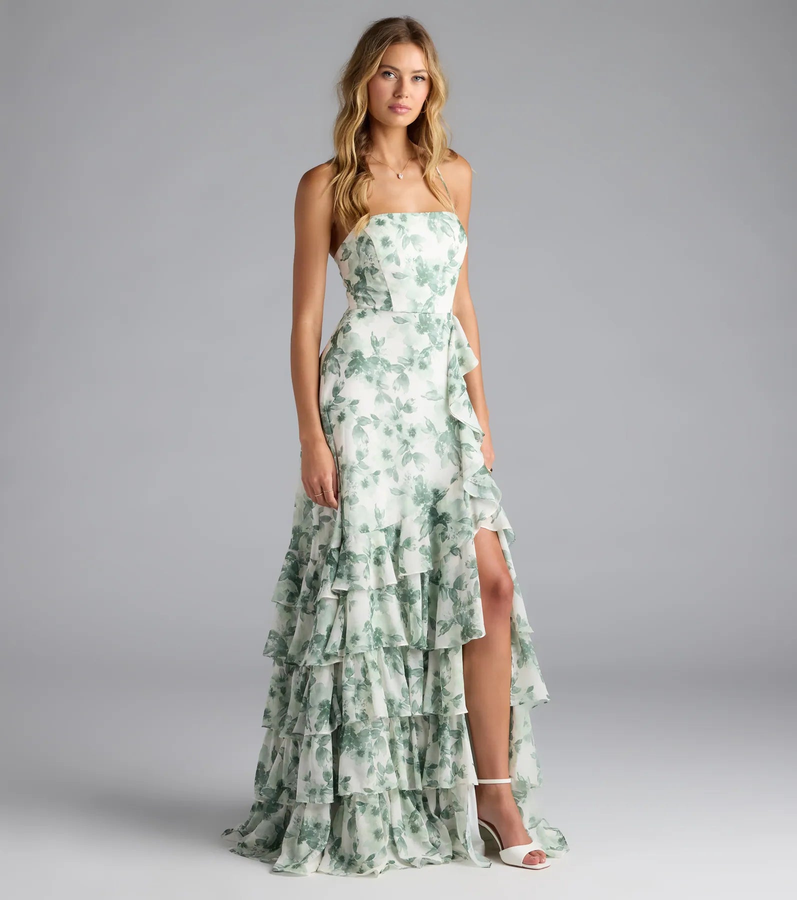 Mia Lace-Up A-Line Floral Chiffon Formal Dress - SAGE