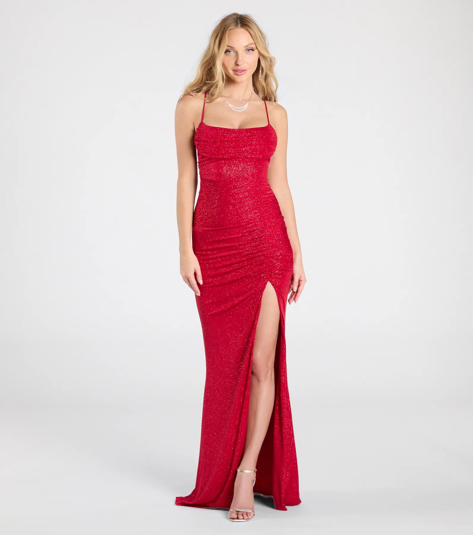 Diane Lace-Up Slit Mermaid Glitter Formal Dress - RED