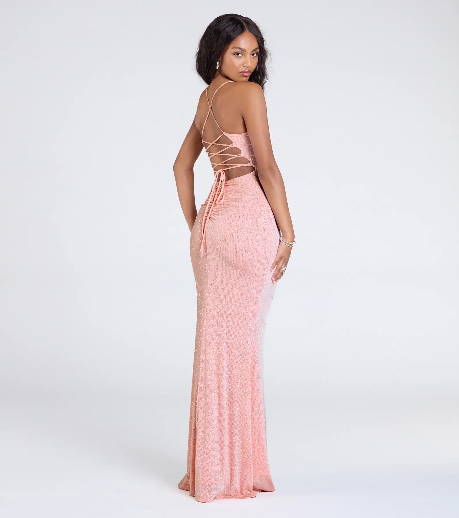 Diane Lace-Up Slit Mermaid Glitter Formal Dress - PEACH