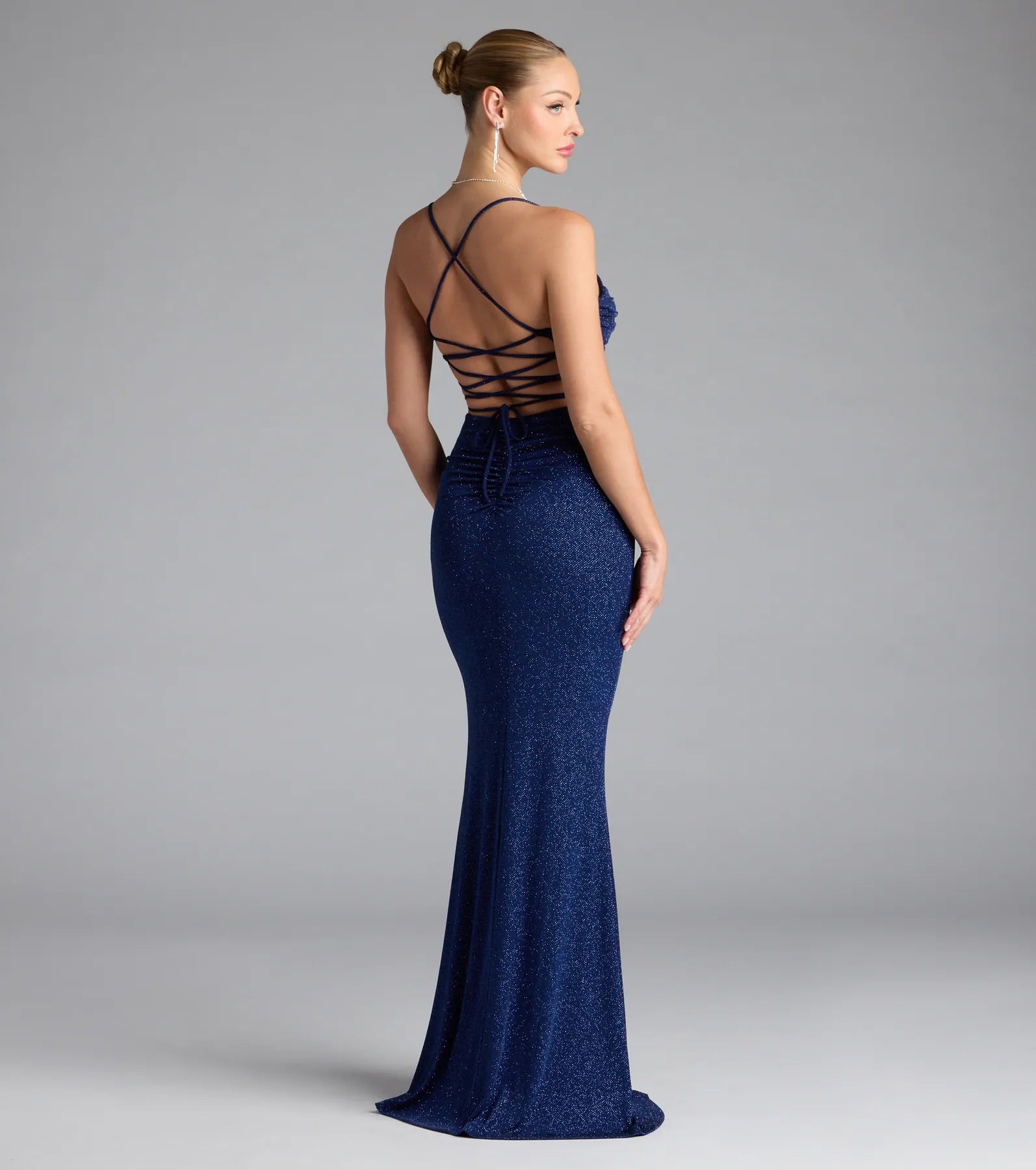 Diane Lace-Up Slit Mermaid Glitter Formal Dress - NAVY