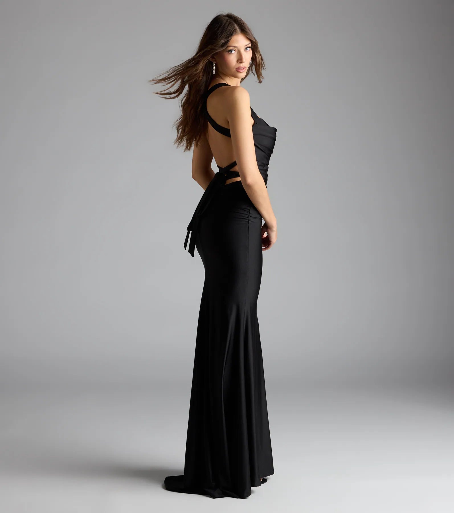 Nadia Lace-Up Mermaid Formal Dress - BLACK