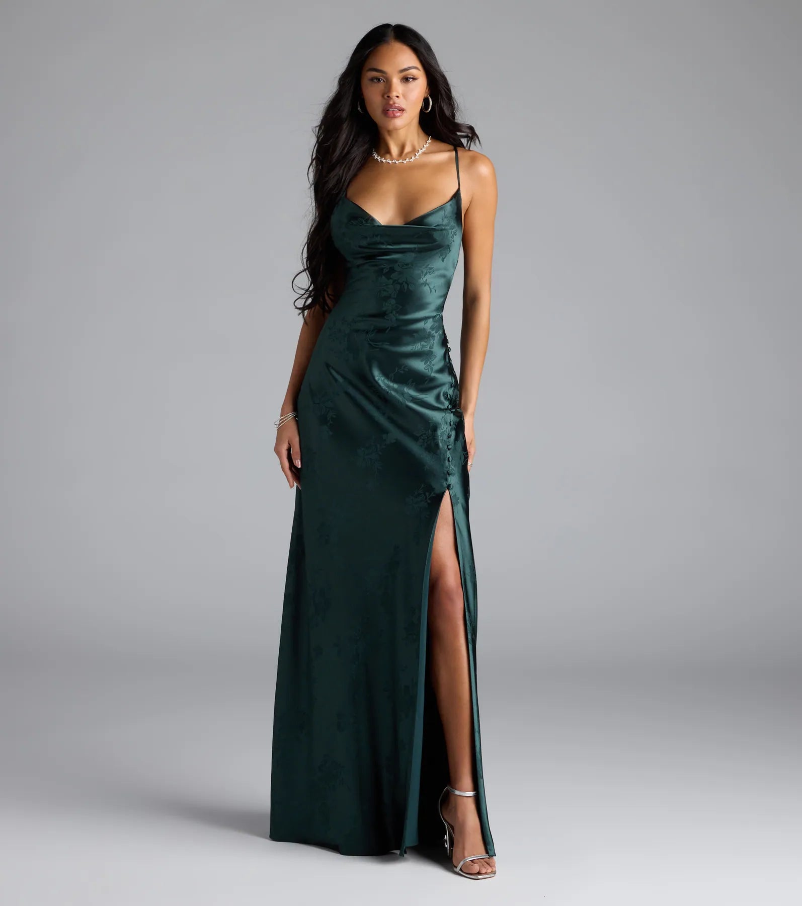 Gigi Cowl Neck Button Slit Satin Formal Dress - HUNTER