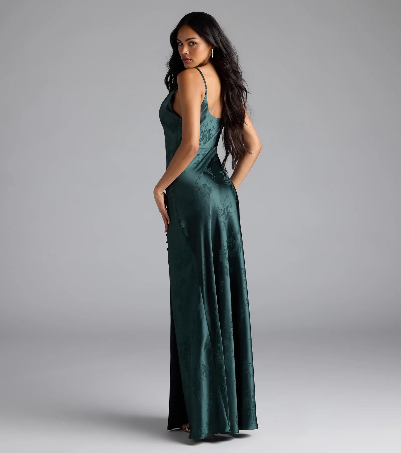 Gigi Cowl Neck Button Slit Satin Formal Dress - HUNTER