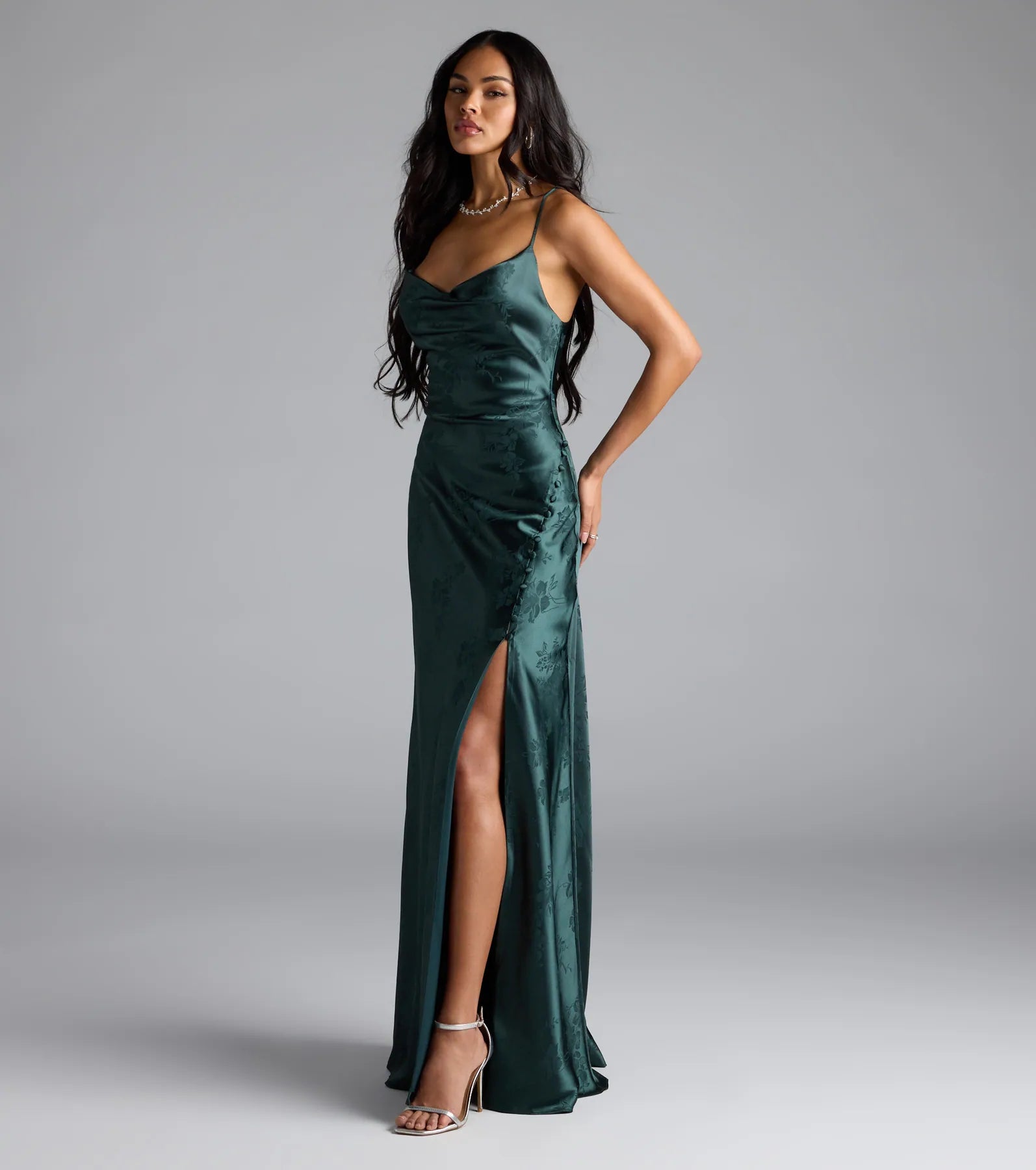 Gigi Cowl Neck Button Slit Satin Formal Dress - HUNTER