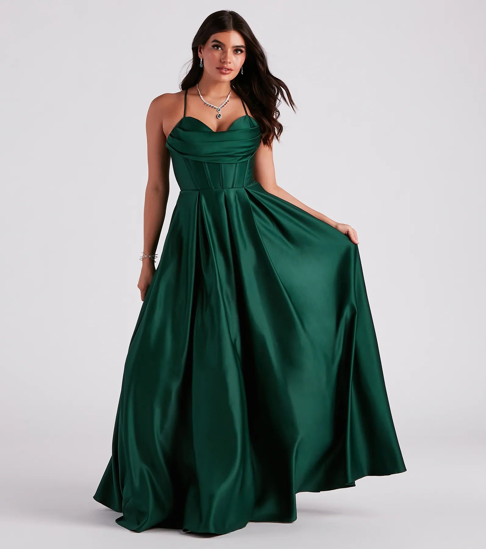 Kayla Satin Cowl A-Line Ball Gown - HUNTER