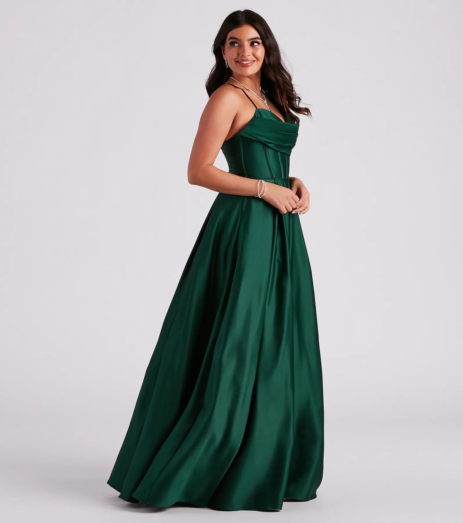 Kayla Satin Cowl A-Line Ball Gown - HUNTER