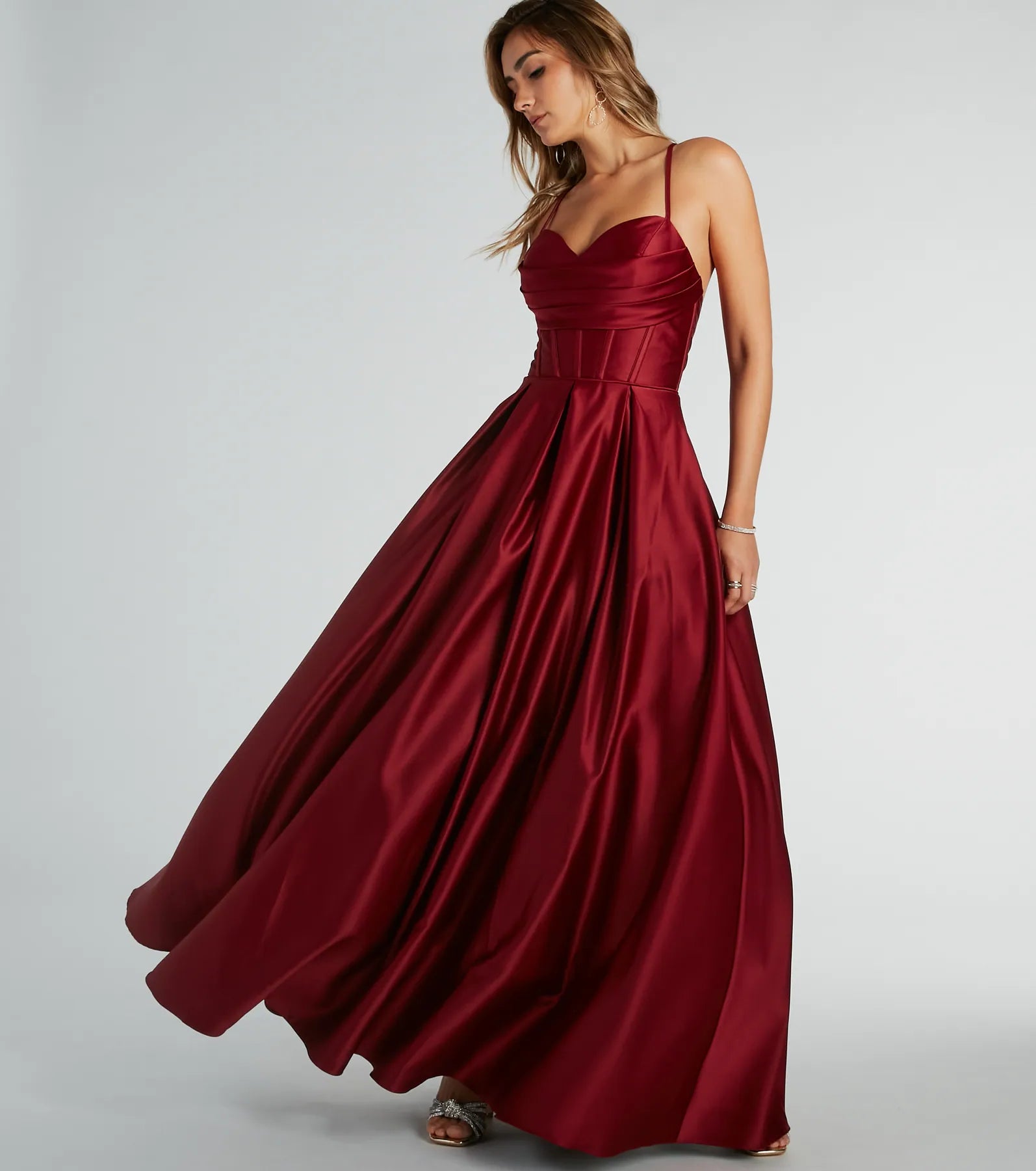 Kayla Satin Cowl A-Line Ball Gown - BURGUNDY