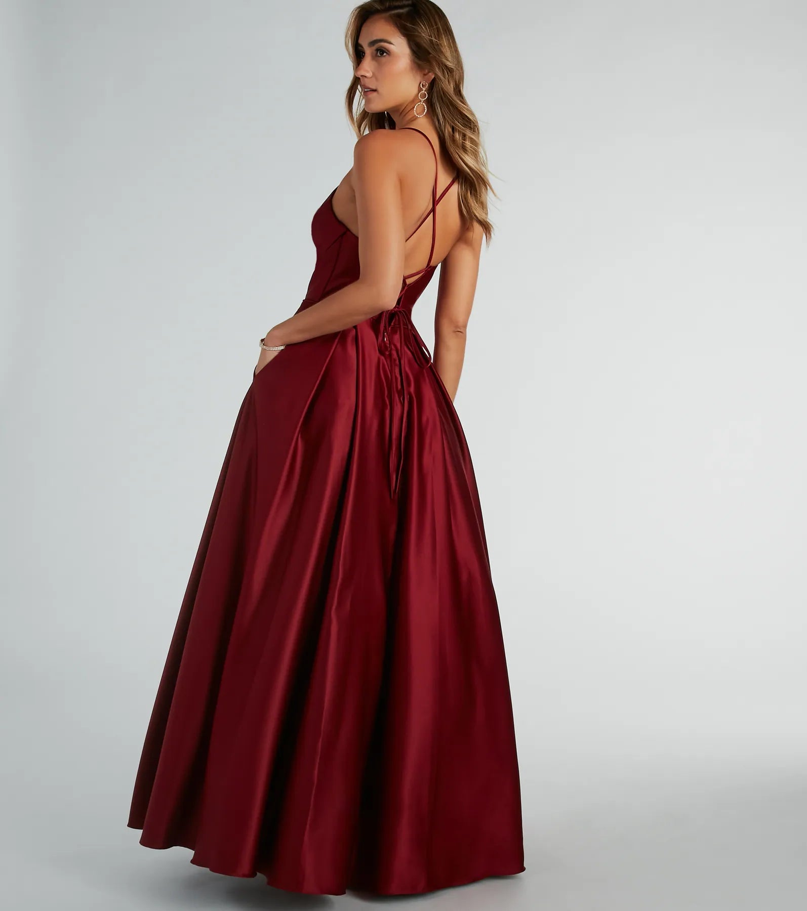 Kayla Satin Cowl A-Line Ball Gown - BURGUNDY