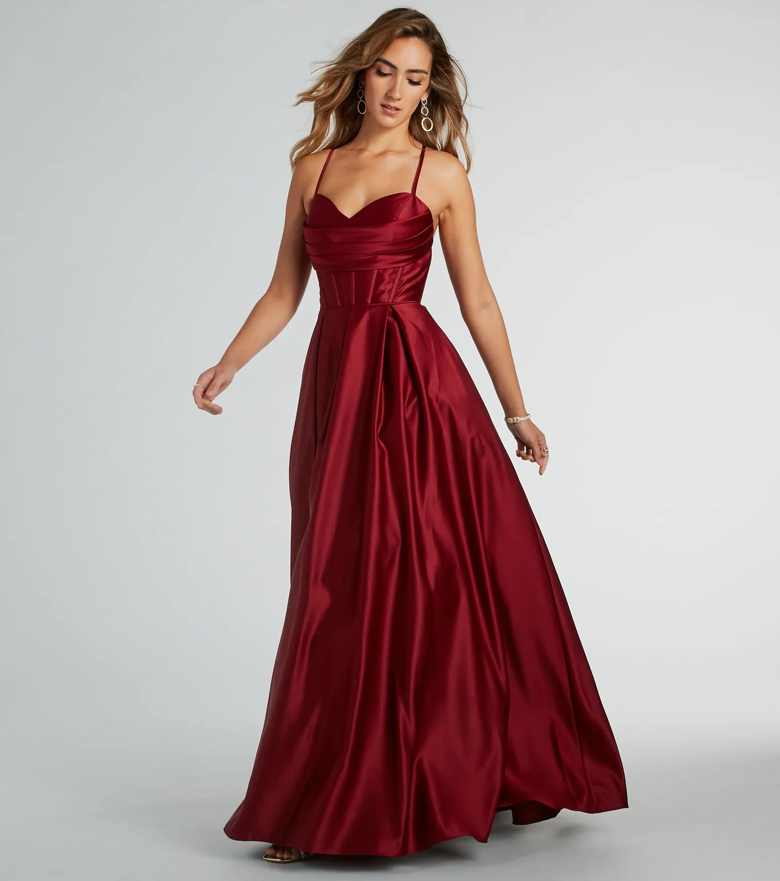 Kayla Satin Cowl A-Line Ball Gown - BURGUNDY