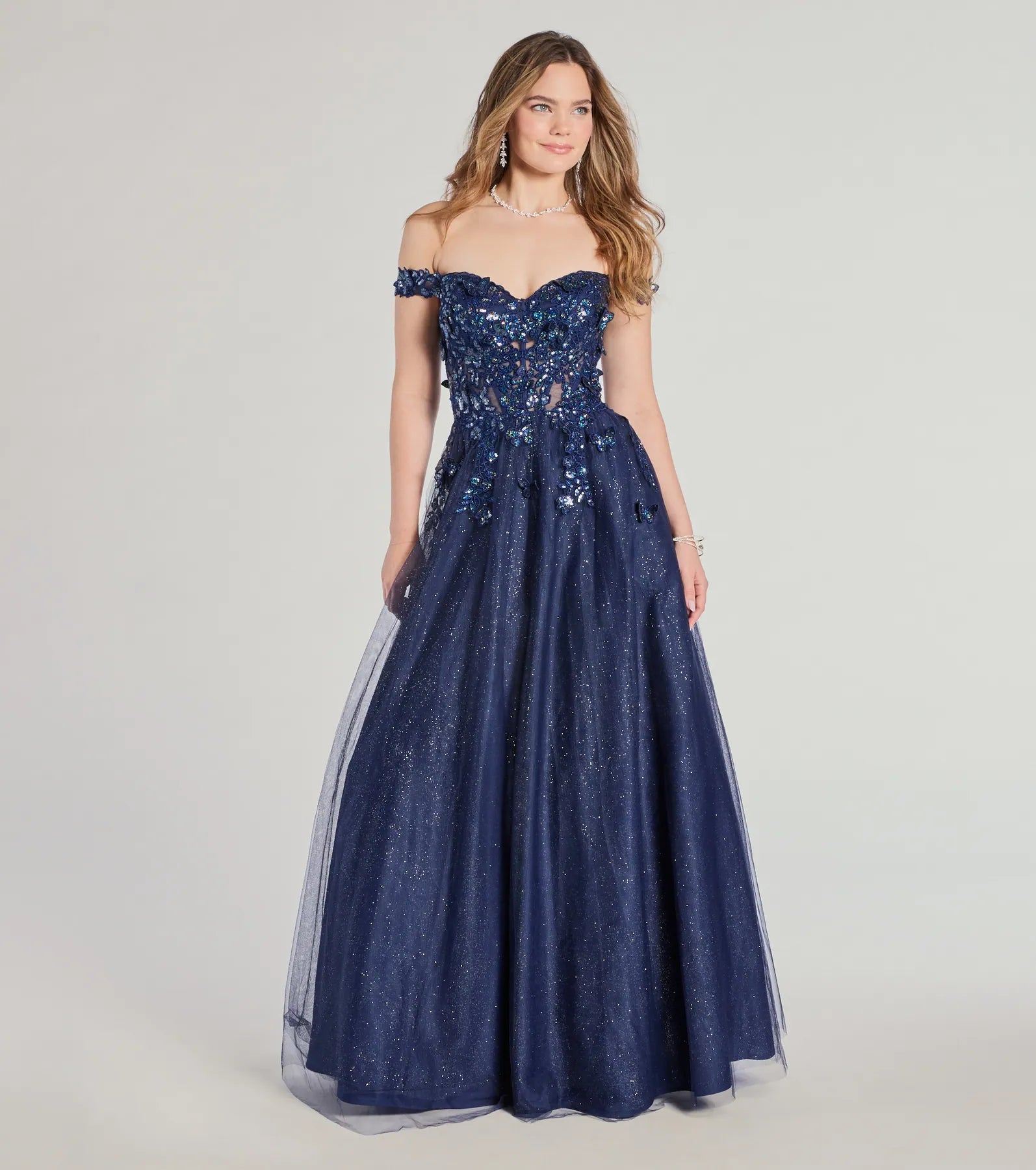 Sofia Off-The-Shoulder Corset Lace-Up Glitter Ball Gown - NAVY