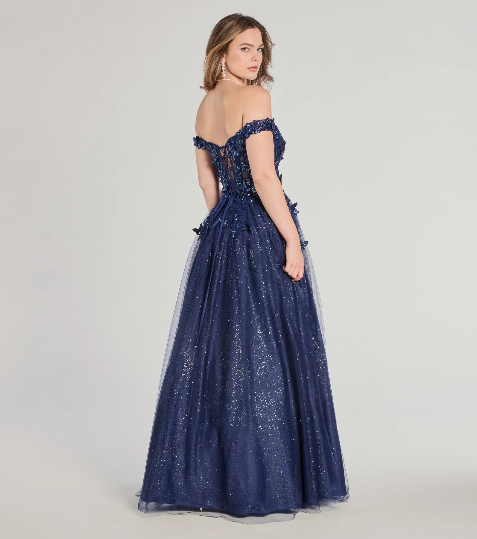 Sofia Off-The-Shoulder Corset Lace-Up Glitter Ball Gown - NAVY