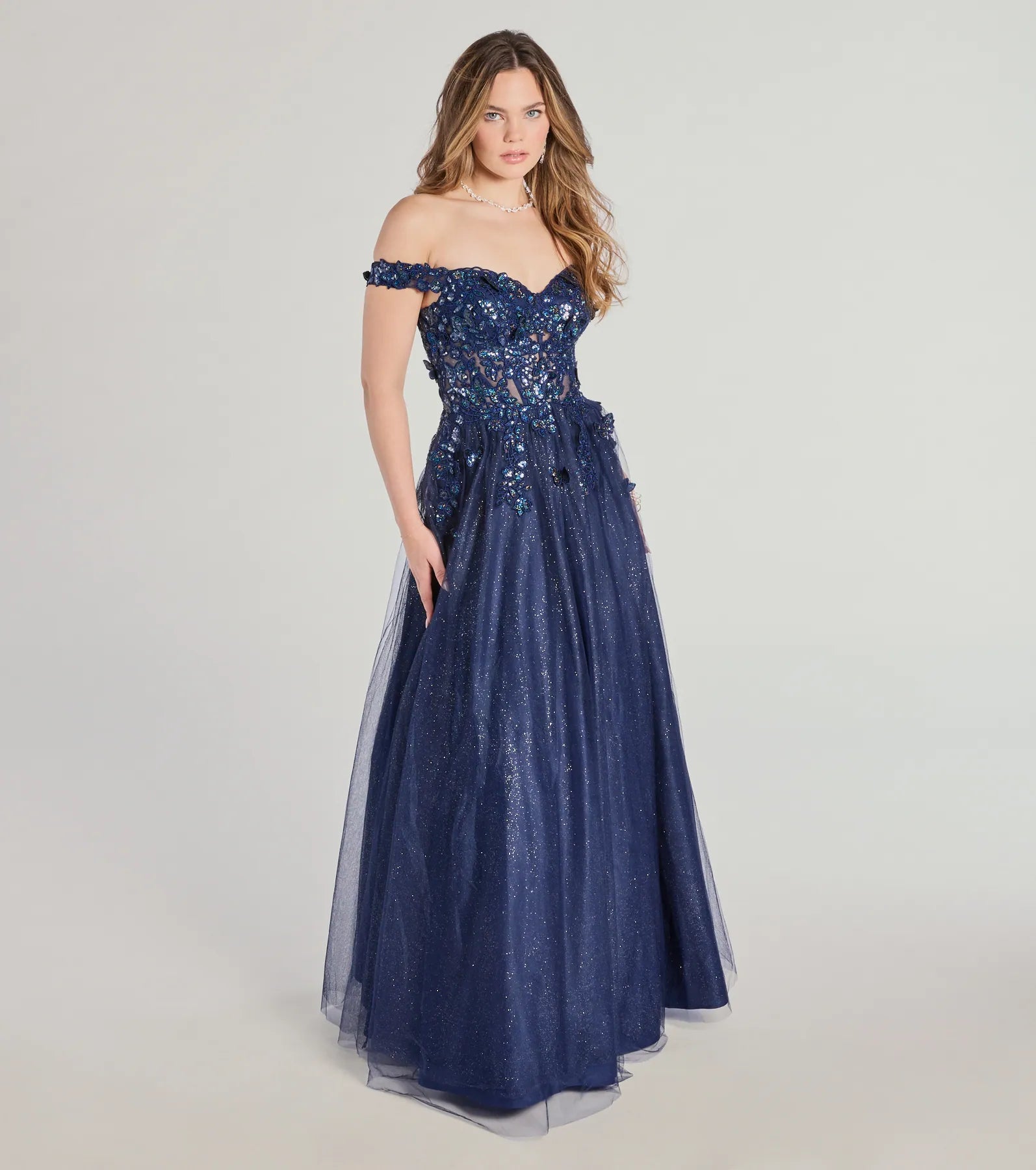 Sofia Off-The-Shoulder Corset Lace-Up Glitter Ball Gown - NAVY