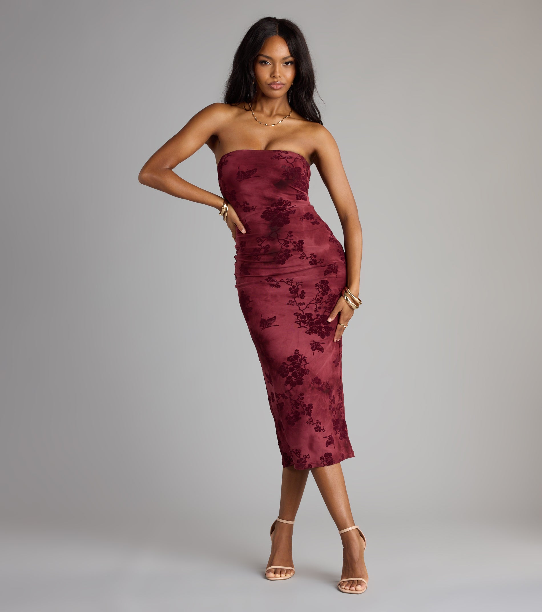 Crushing On Velvet Flocked Floral Midi Dress - WINE