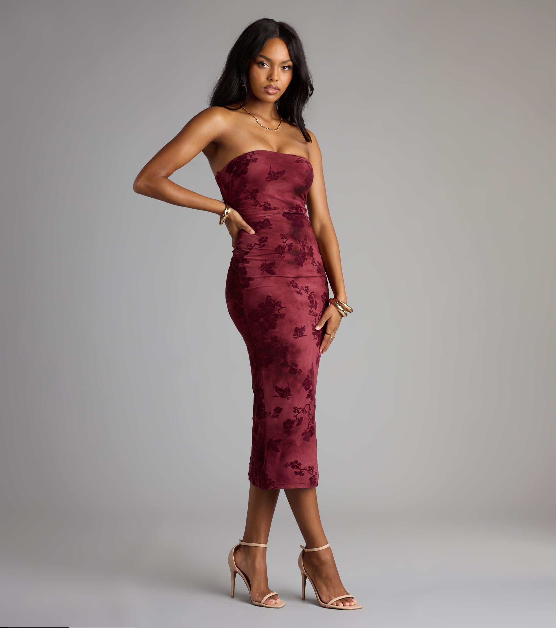 Crushing On Velvet Flocked Floral Midi Dress - WINE