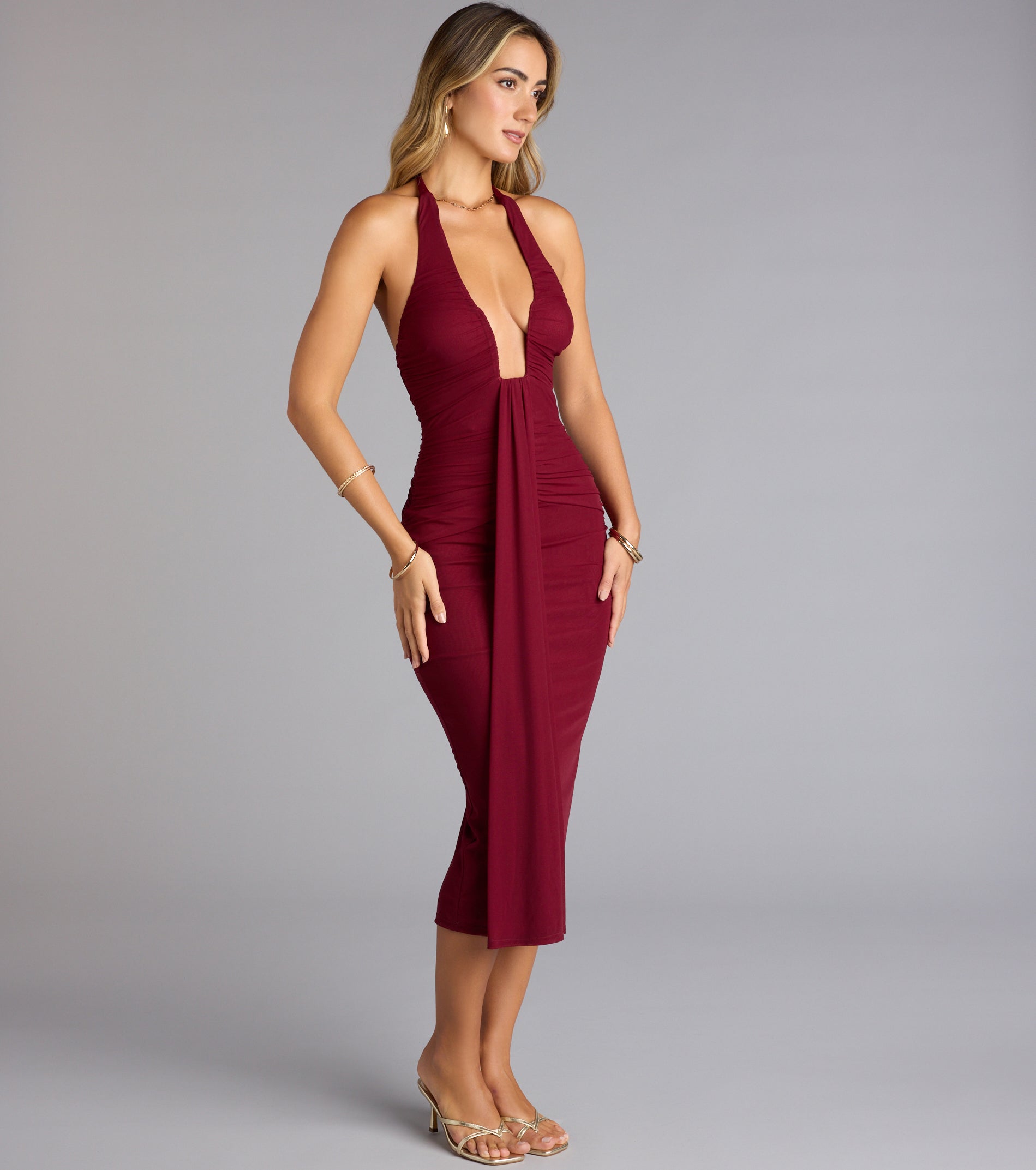 Autumn Affair Plunge Halter Midi Dress - RAISIN