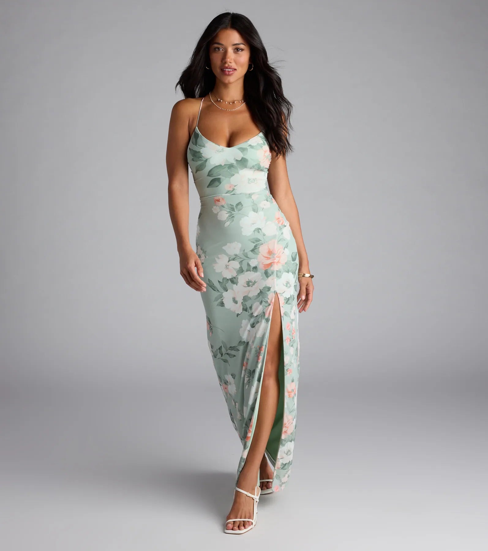 Laced-Up Masterpiece Floral Slit Maxi Dress - SAGE