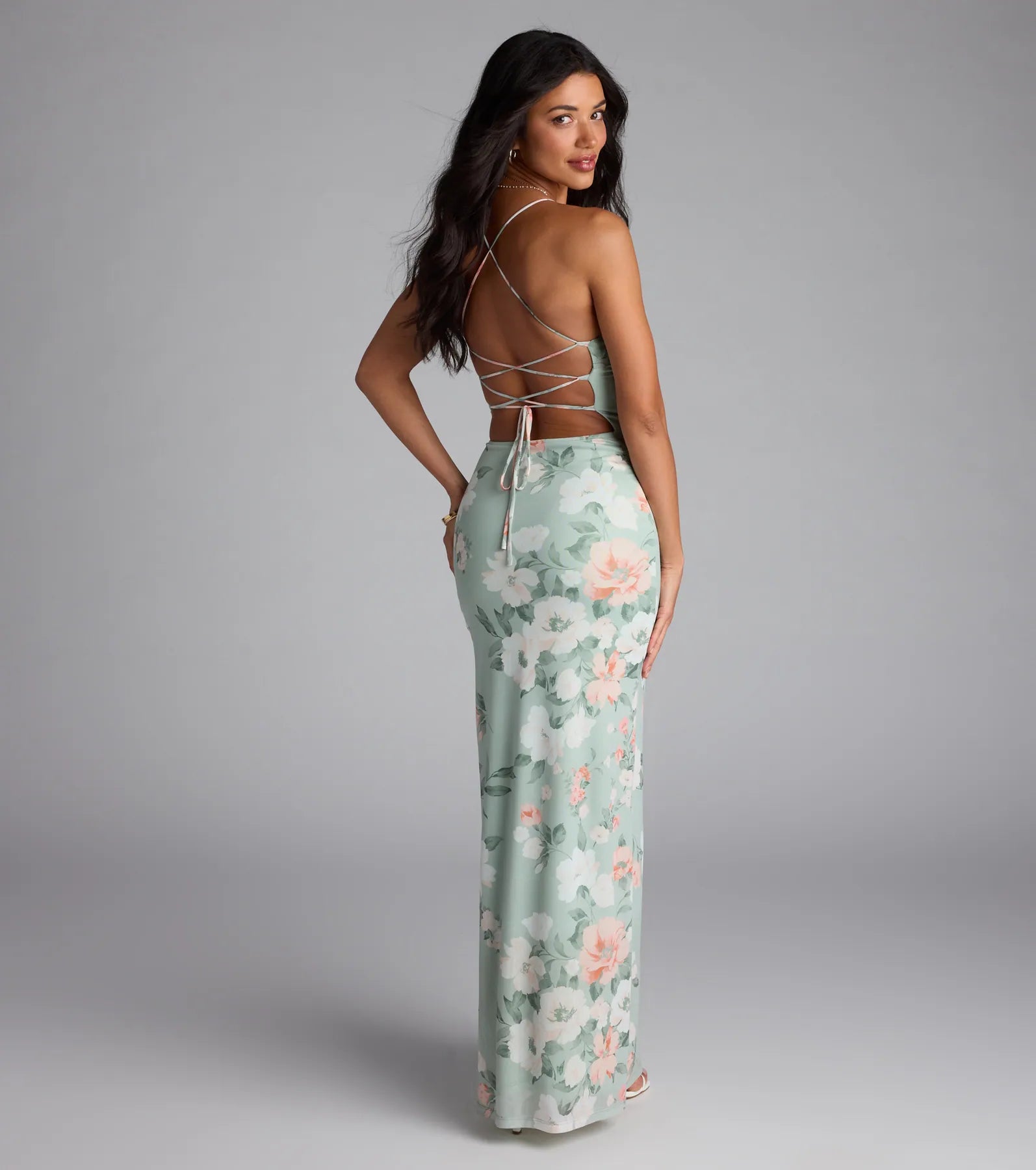 Laced-Up Masterpiece Floral Slit Maxi Dress - SAGE