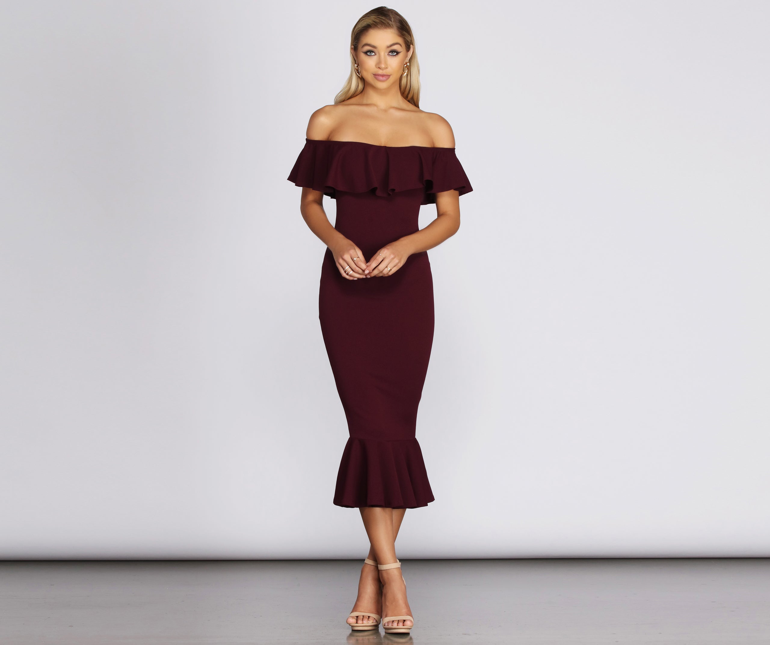 Ready And Ruffled Midi Dress - BURGUNDY
