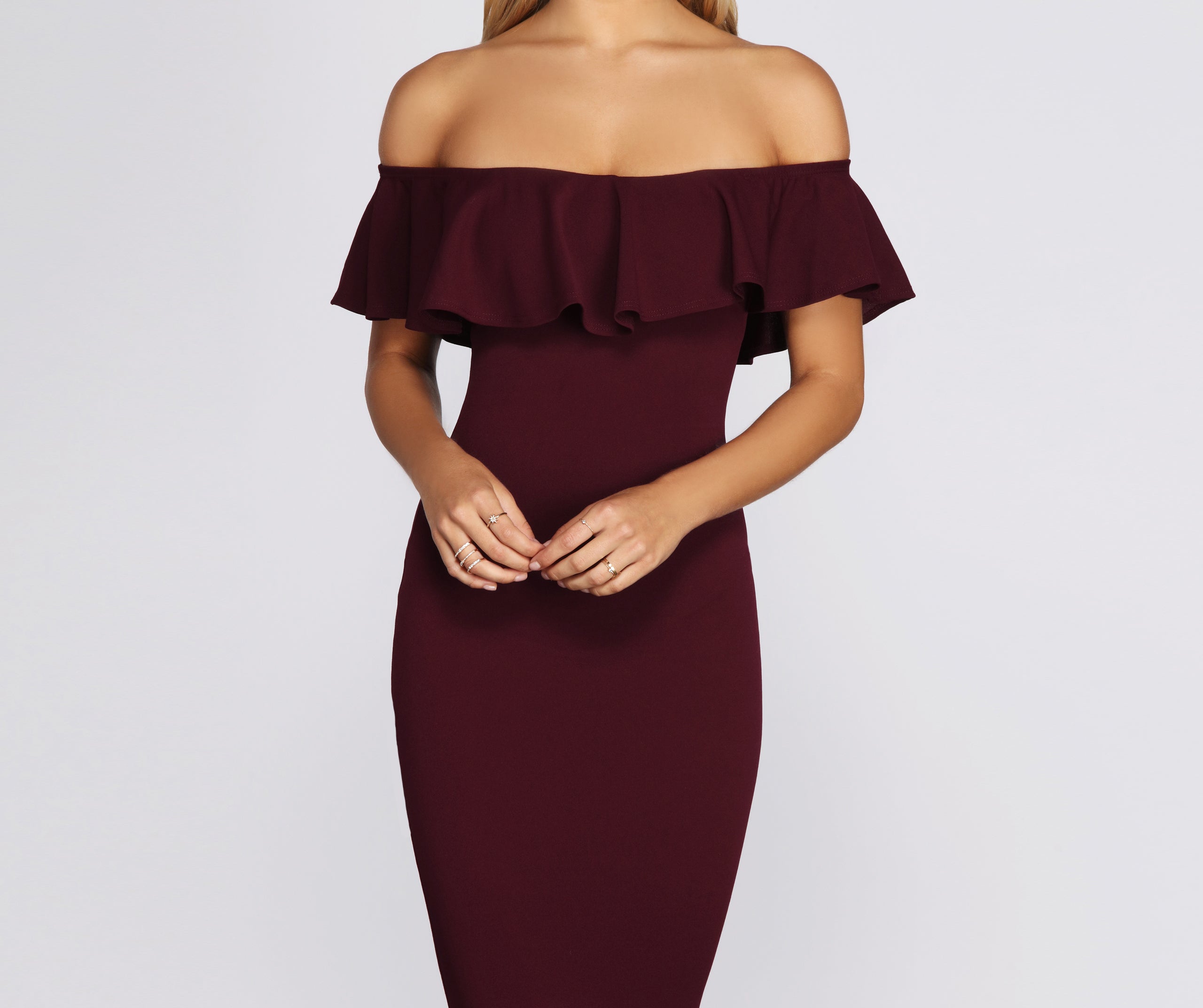 Ready And Ruffled Midi Dress - BURGUNDY