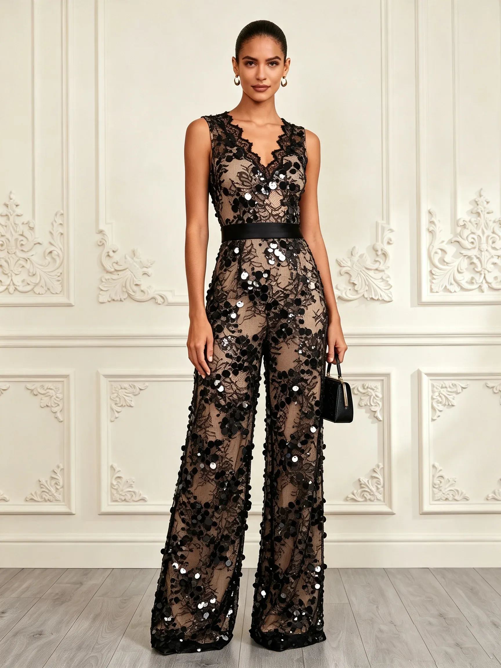 Women Black Lace V Neck Sleeveless Elegant Jumpsuit