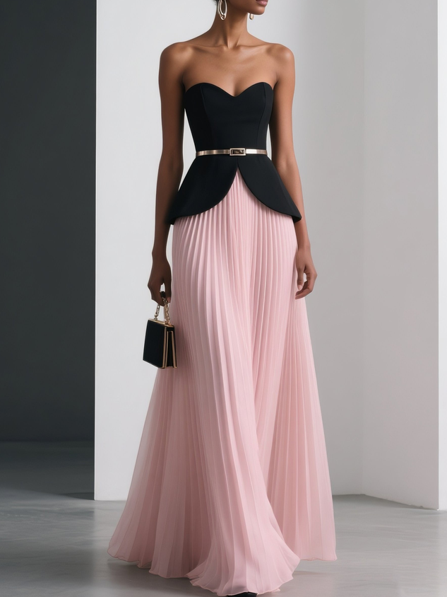 Women Pink Pleated Strapless Sleeveless Dressy Top With Skirt Two-Piece Set