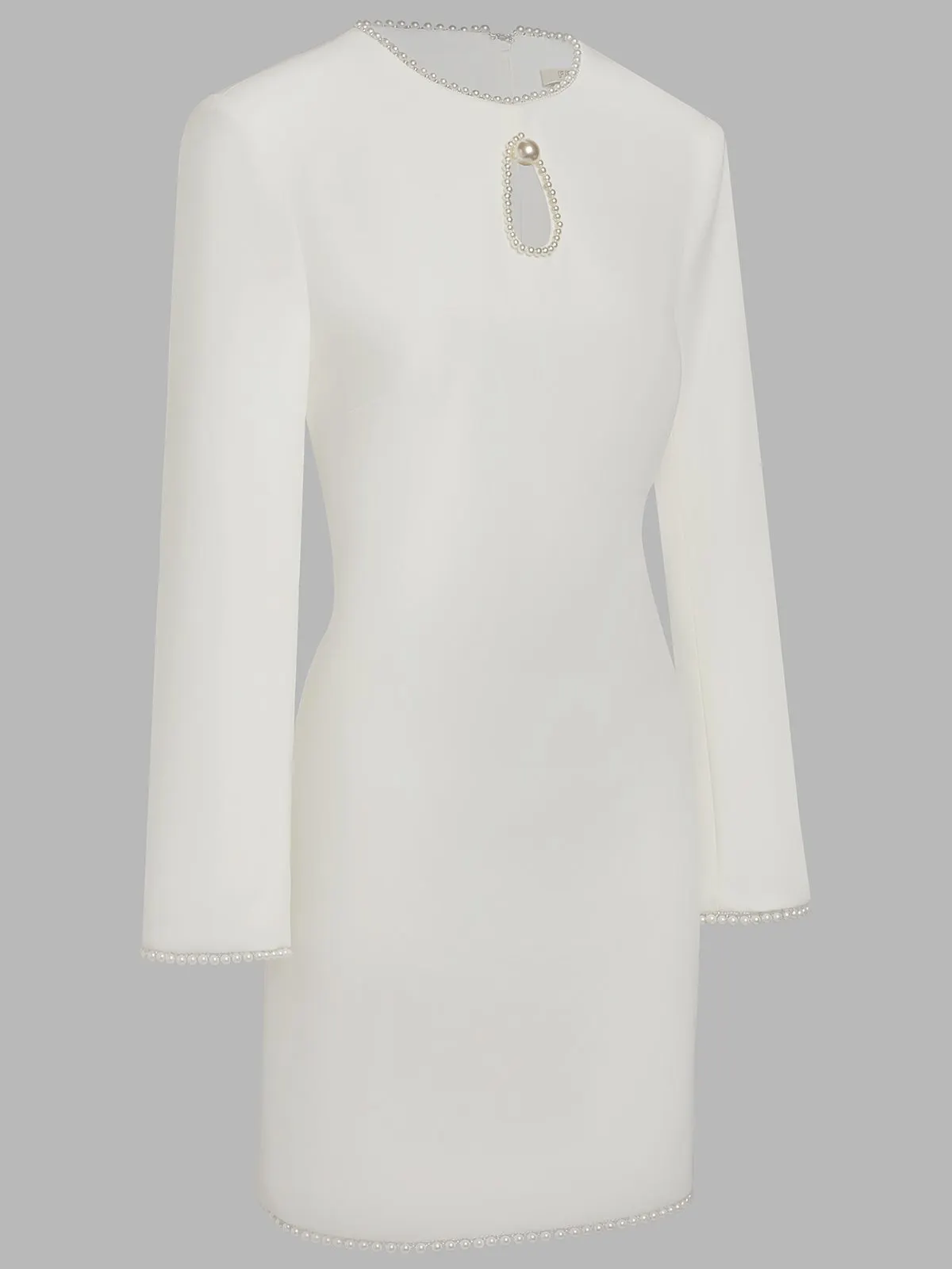 White Faux Pearl Cut Out Classic Crew Neck Long Sleeve Sheath Mini Dress